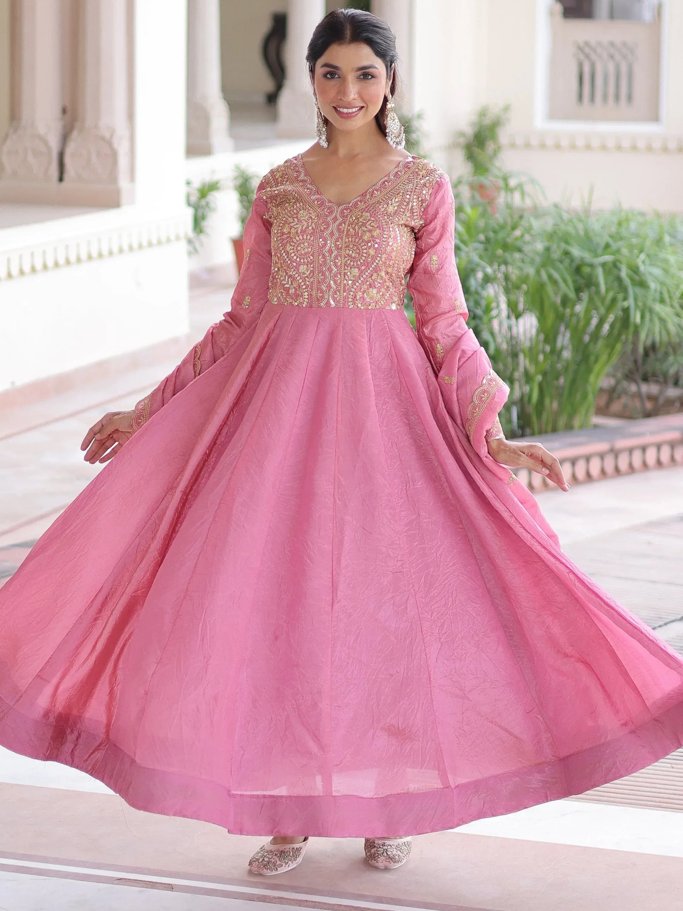 Pretty Pink Sequins Crushed Engagement Wear Gown With Dupatta