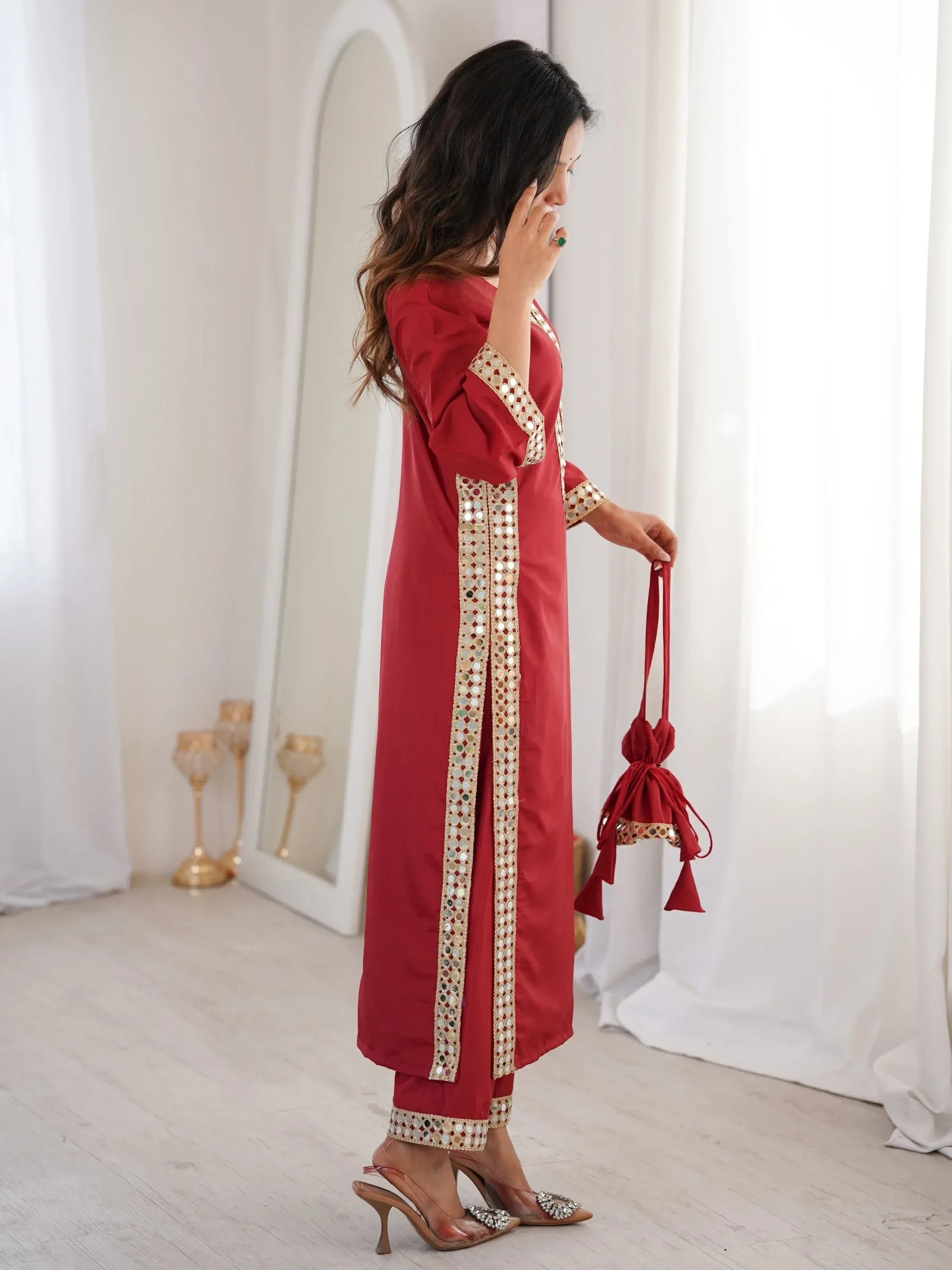Stylish Red Mirror Laced Crepe Wedding Wear Kurti With Pant