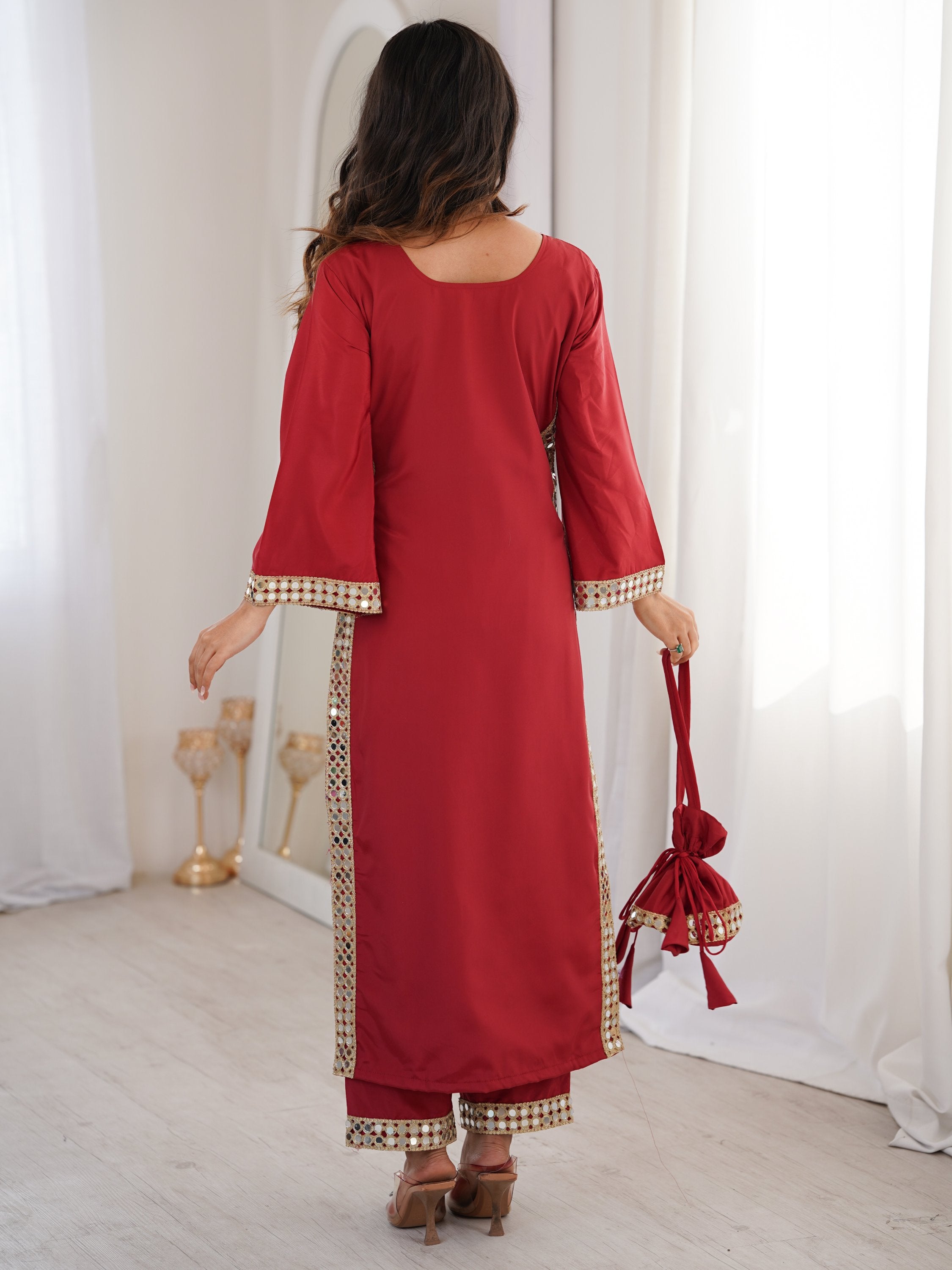 Stylish Red Mirror Laced Crepe Wedding Wear Kurti With Pant