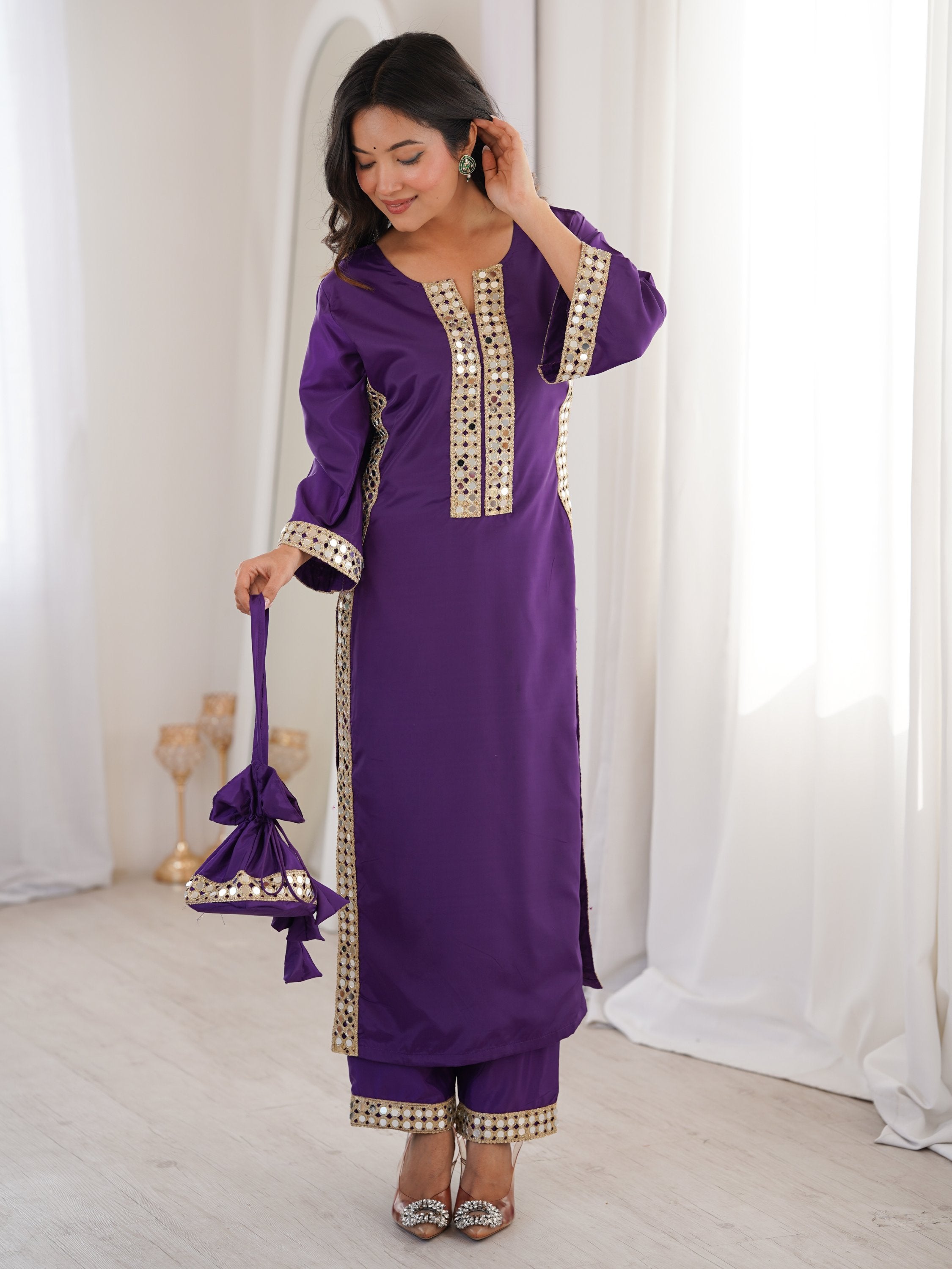 Awesome Purple Laced Work Crepe Festive Wear Kurti With Pant