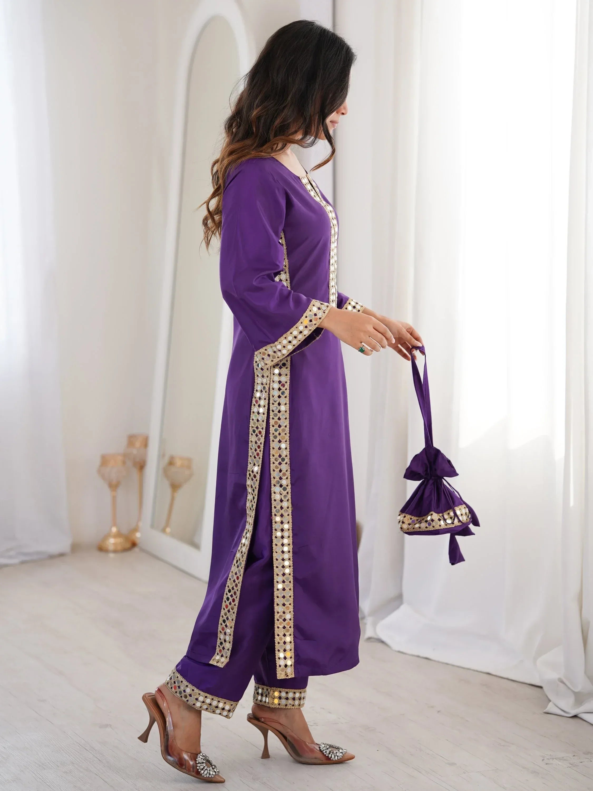 Awesome Purple Laced Work Crepe Festive Wear Kurti With Pant