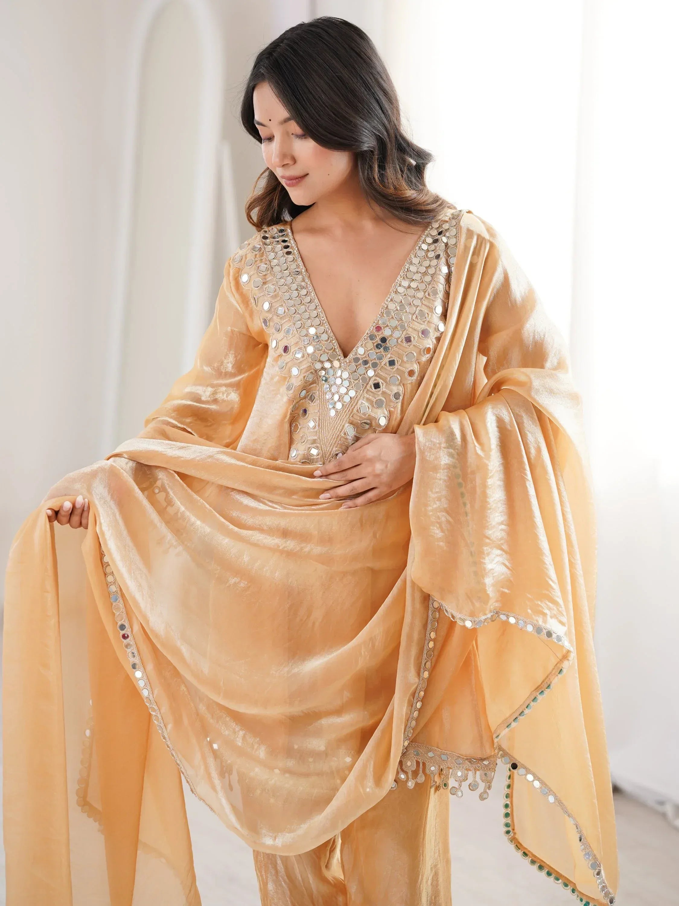 Marvelous Beige Lace Work Silk Wedding Wear Pant Suit With Dupatta
