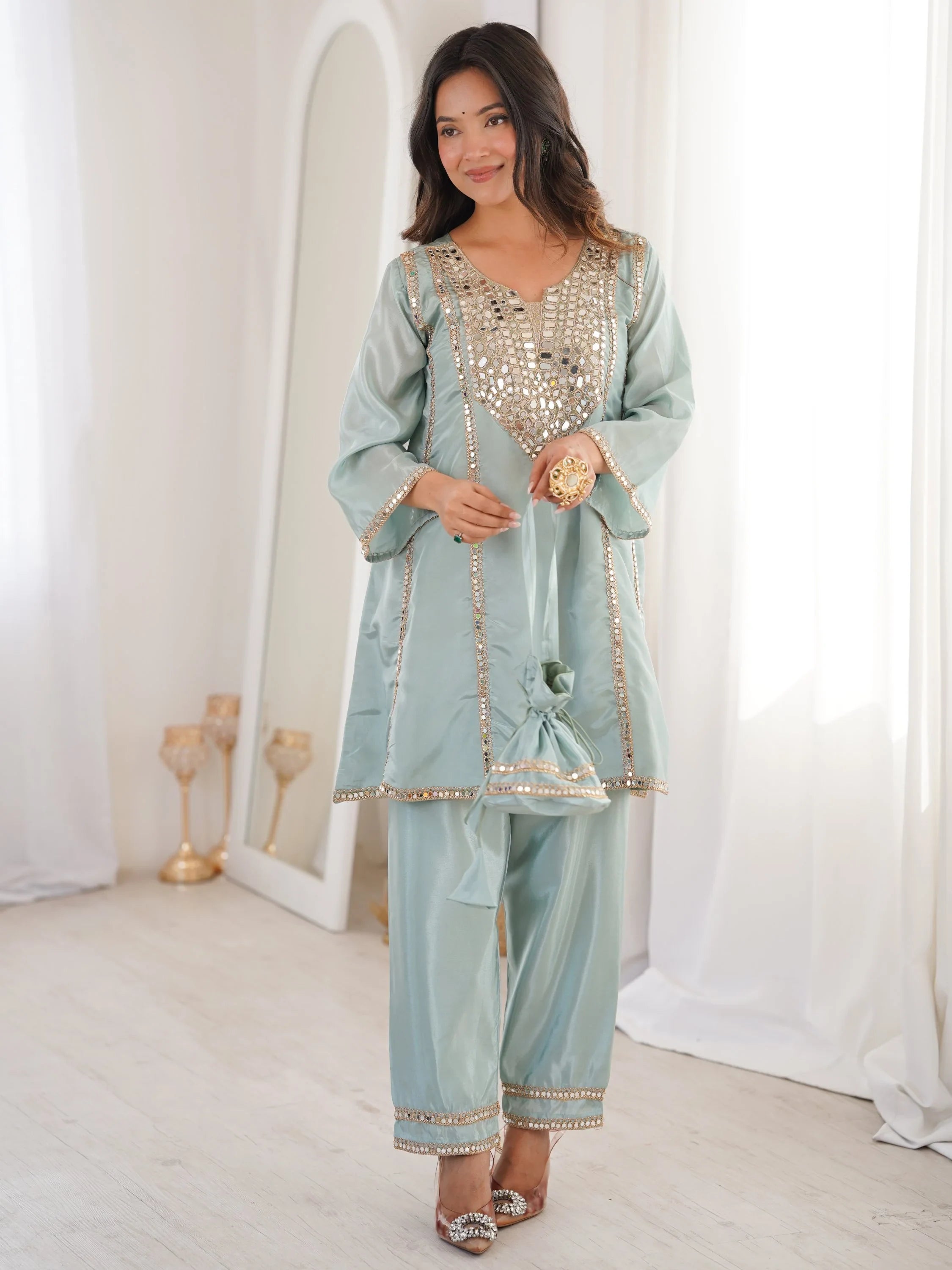 Gorgeous Sky Blue Mirror Work Silk Designer Pant Suit