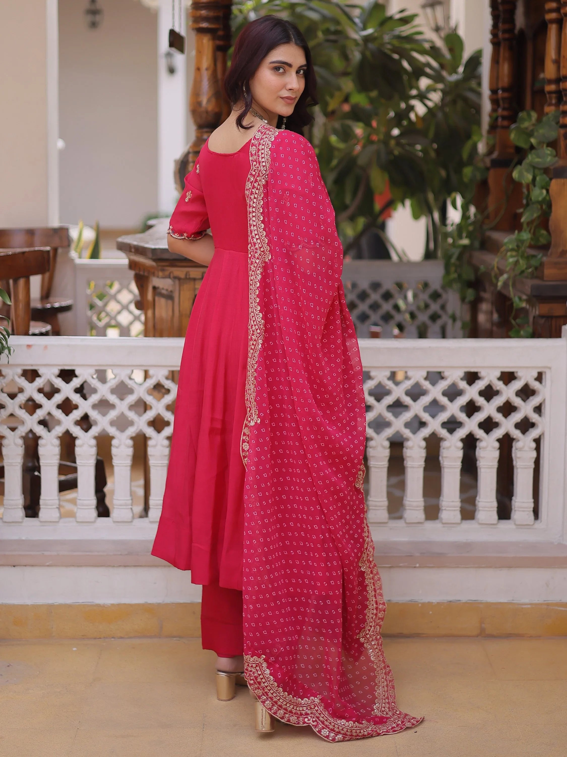 Attractive Pink Bead Work Chanderi Wedding Wear Anarkali Suit