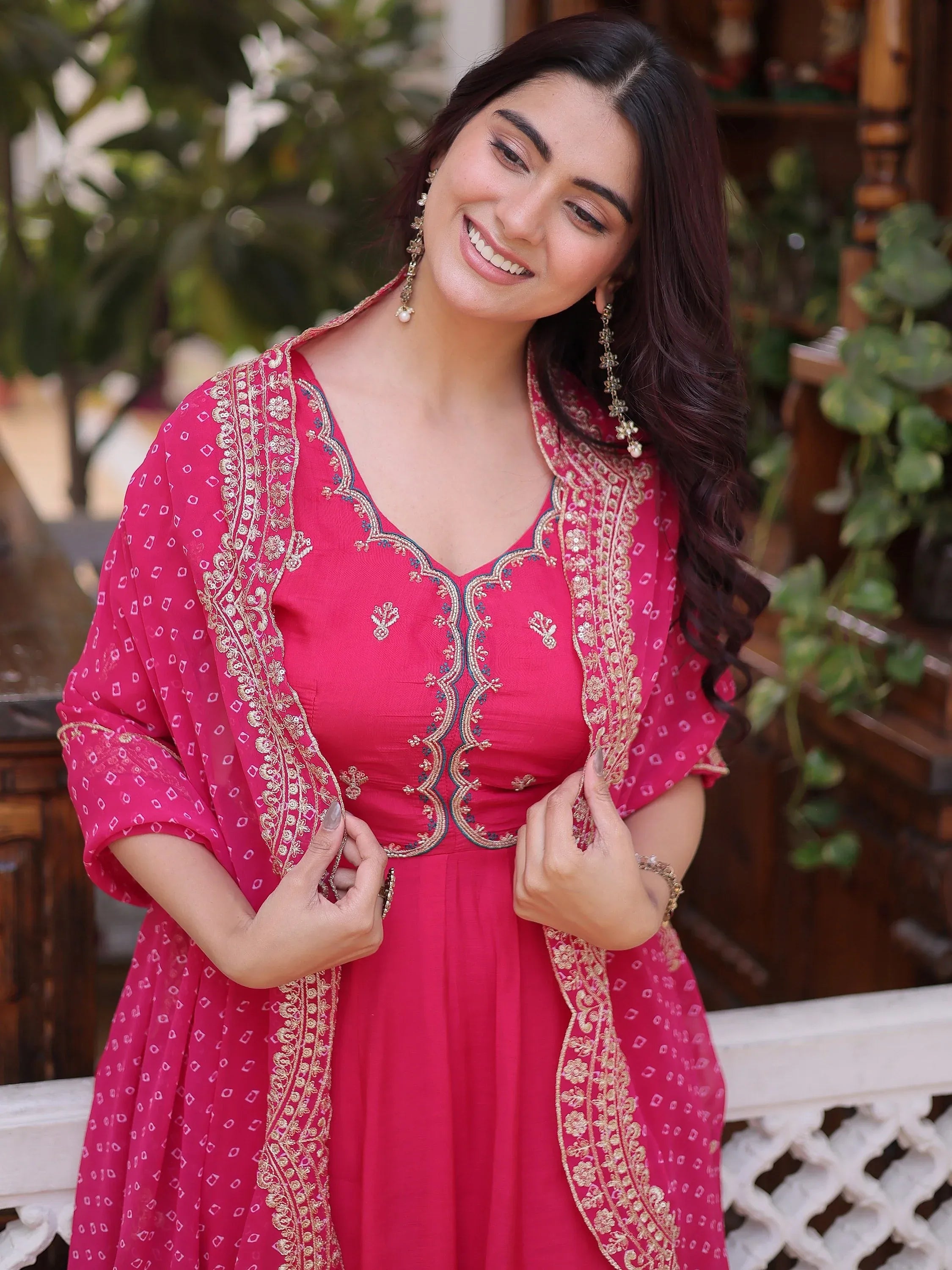 Attractive Pink Bead Work Chanderi Wedding Wear Anarkali Suit