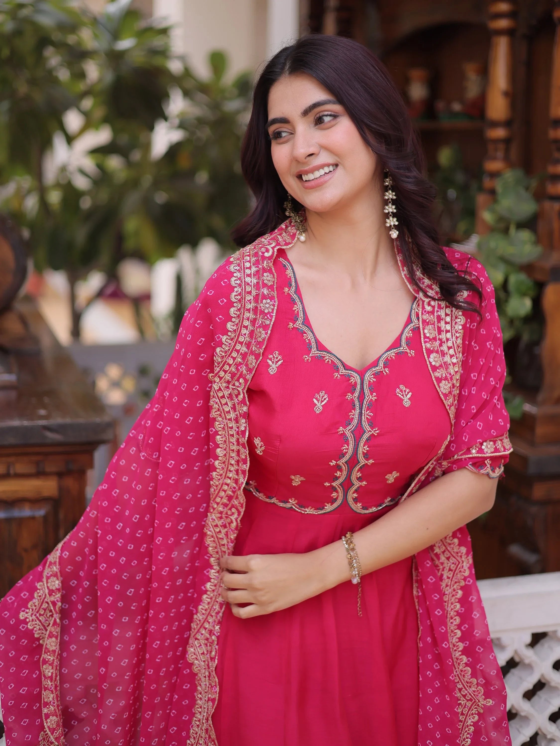 Attractive Pink Bead Work Chanderi Wedding Wear Anarkali Suit