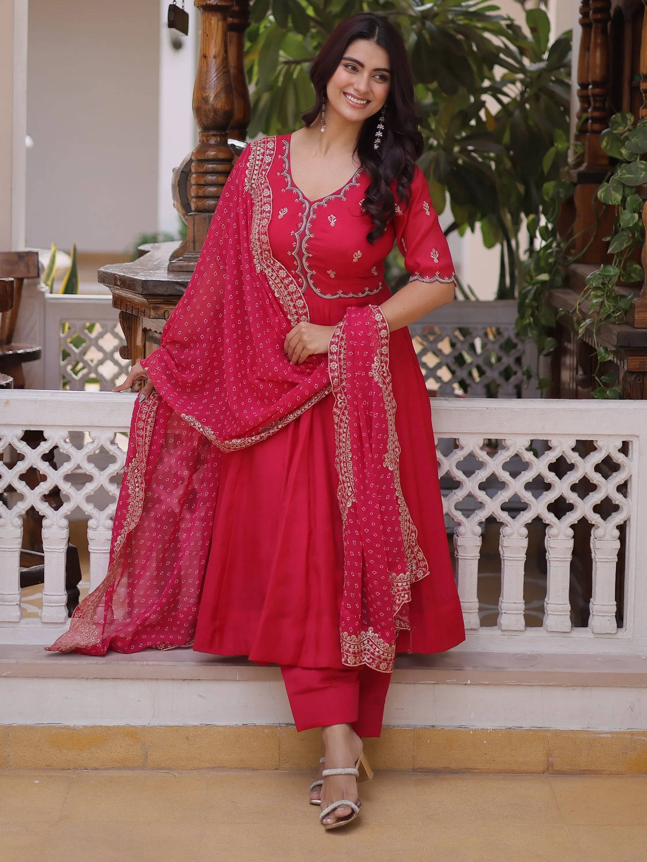 Attractive Pink Bead Work Chanderi Wedding Wear Anarkali Suit