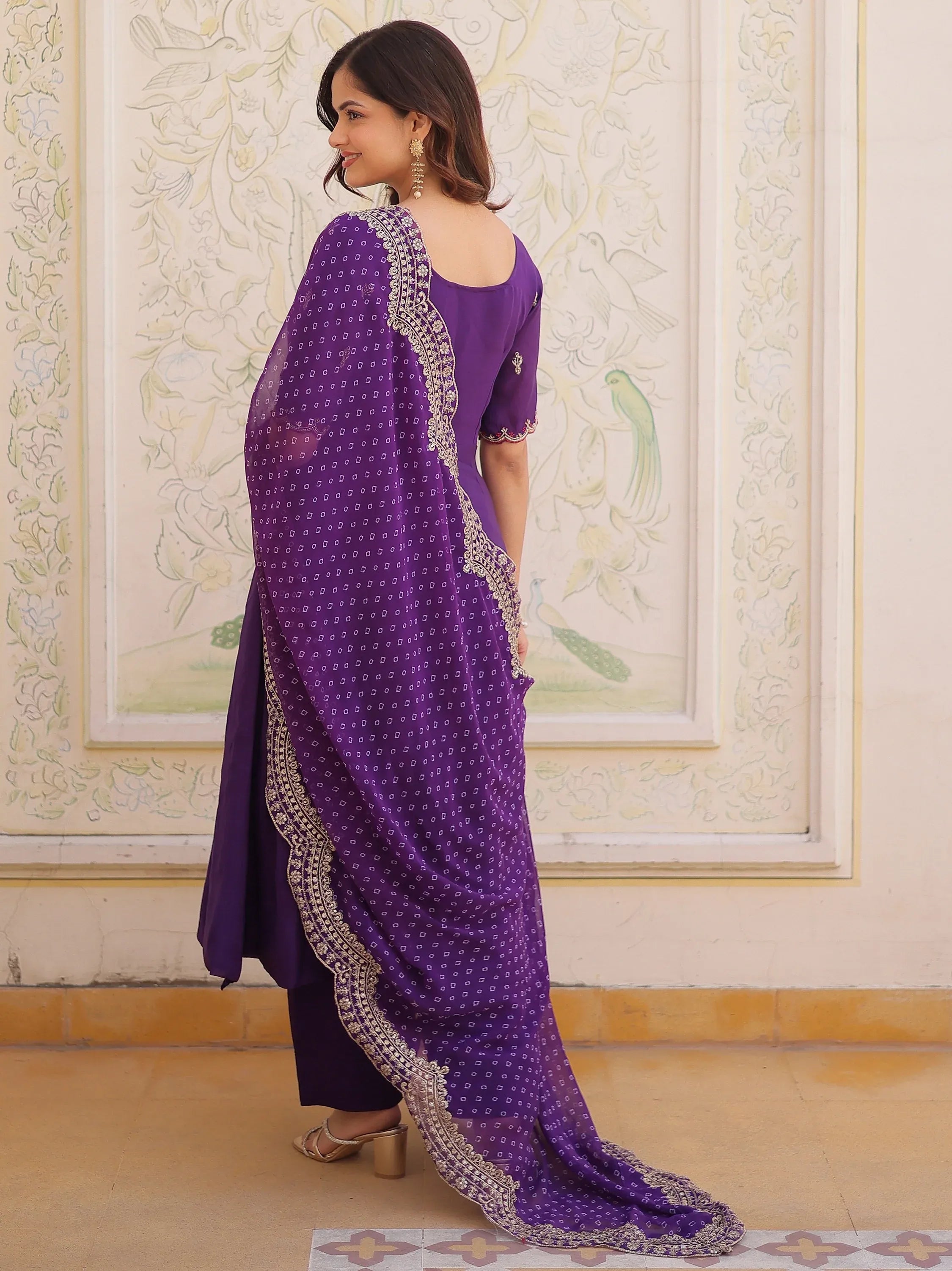 Splendid Purple Thread Work Chanderi Festive Wear Anarkali Suit