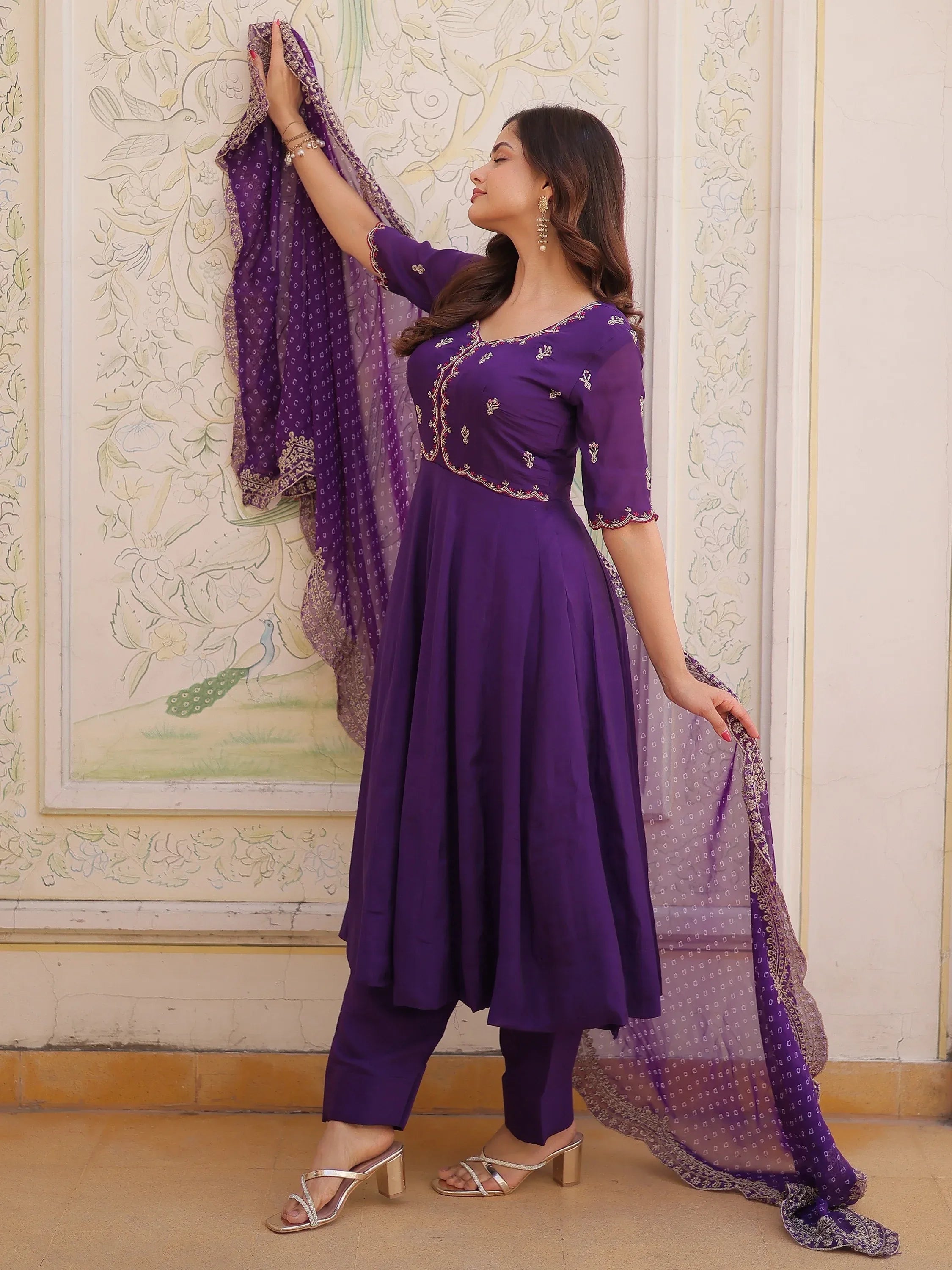 Splendid Purple Thread Work Chanderi Festive Wear Anarkali Suit