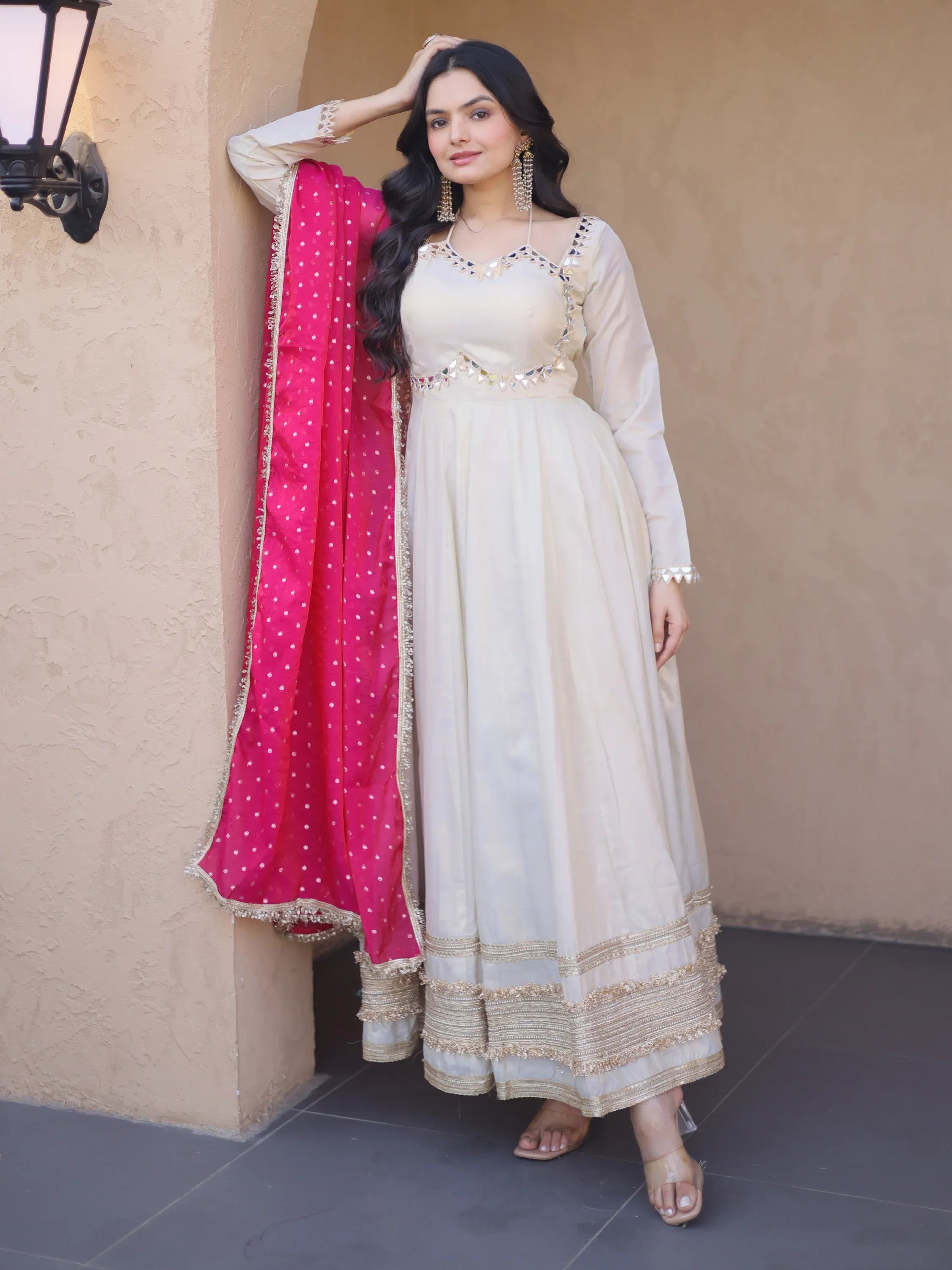 Impressive Pink Lace Work Silk Wedding Wear Gown With Dupatta