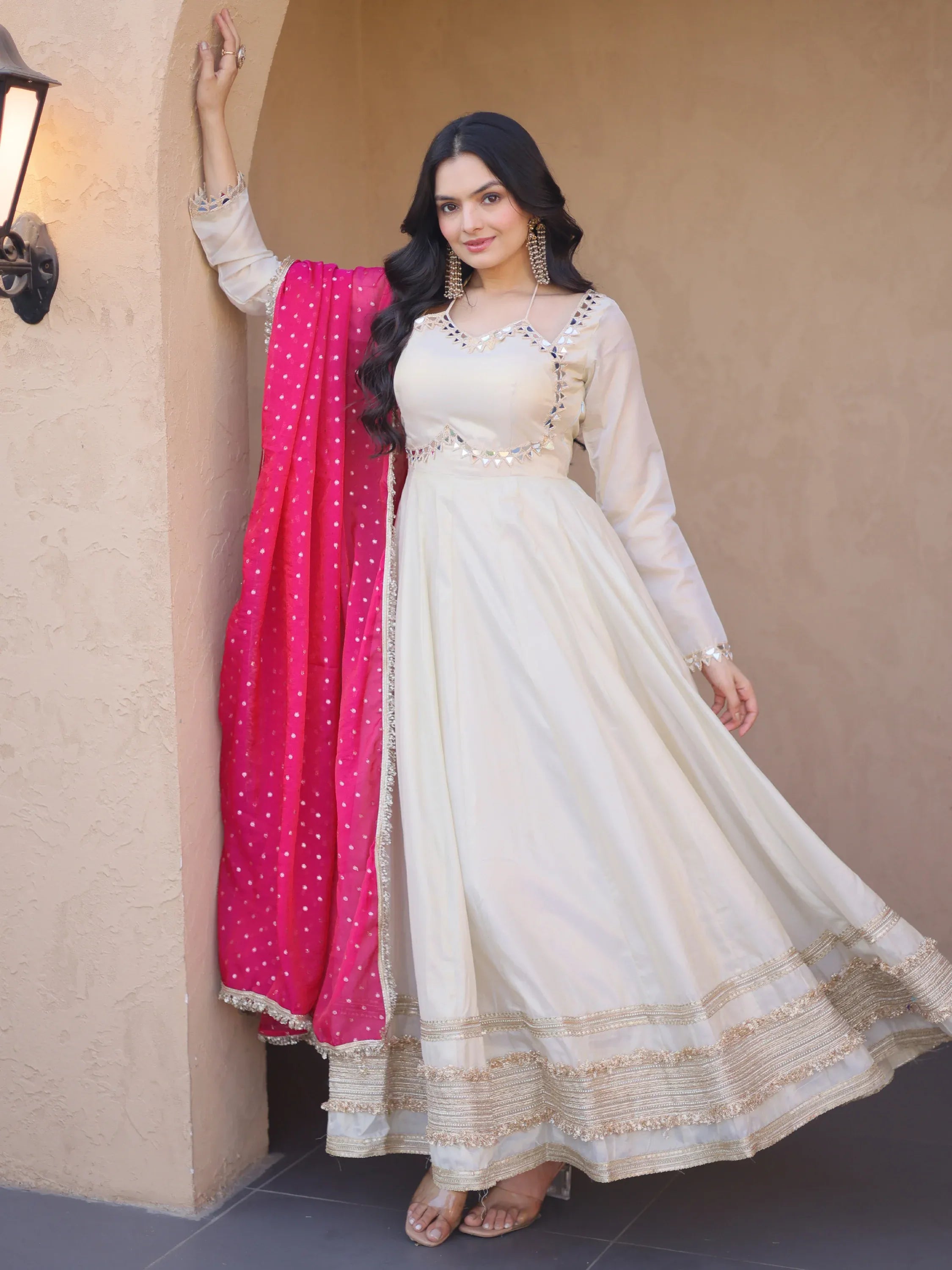 Impressive Pink Lace Work Silk Wedding Wear Gown With Dupatta