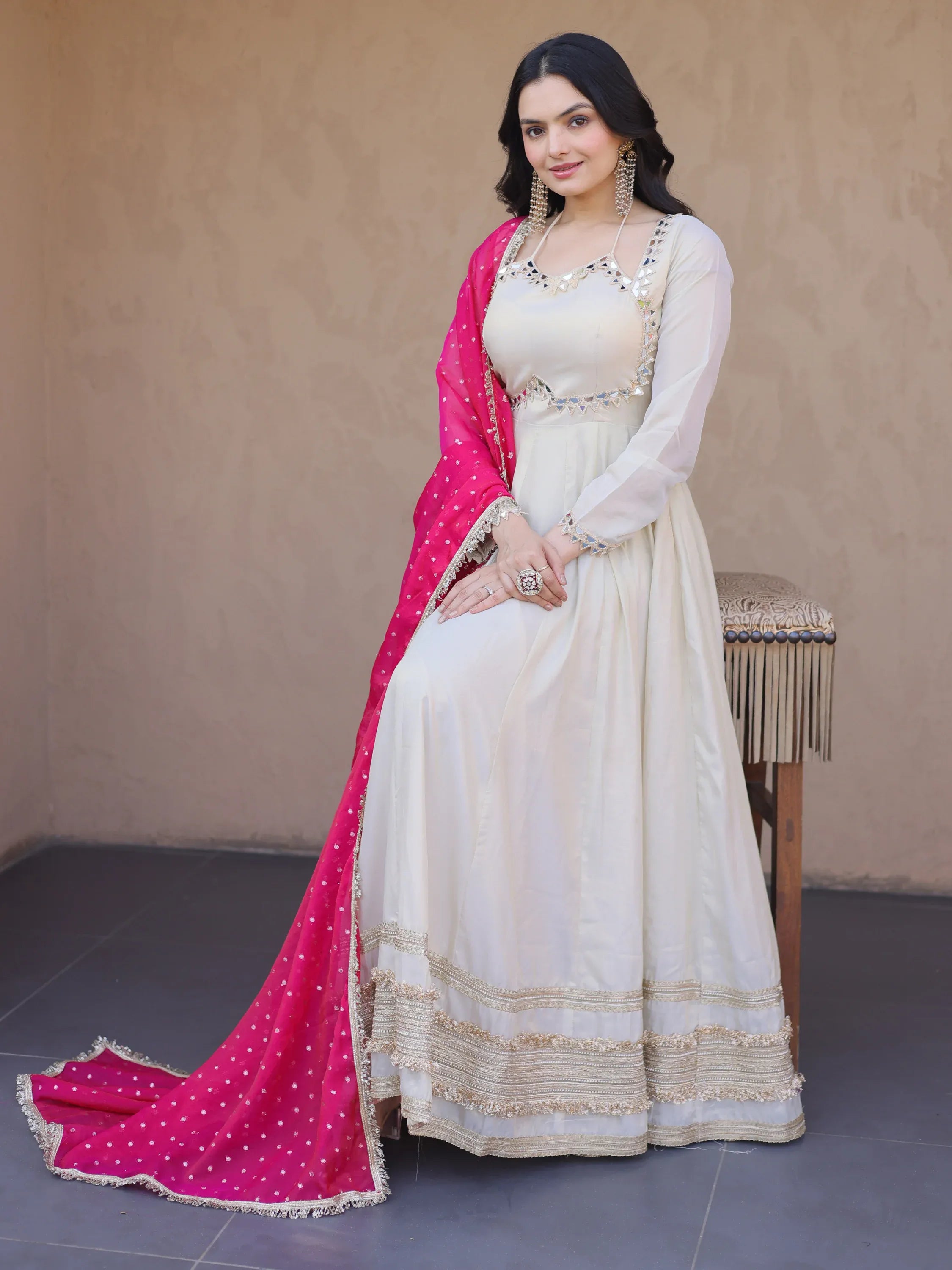 Impressive Pink Lace Work Silk Wedding Wear Gown With Dupatta