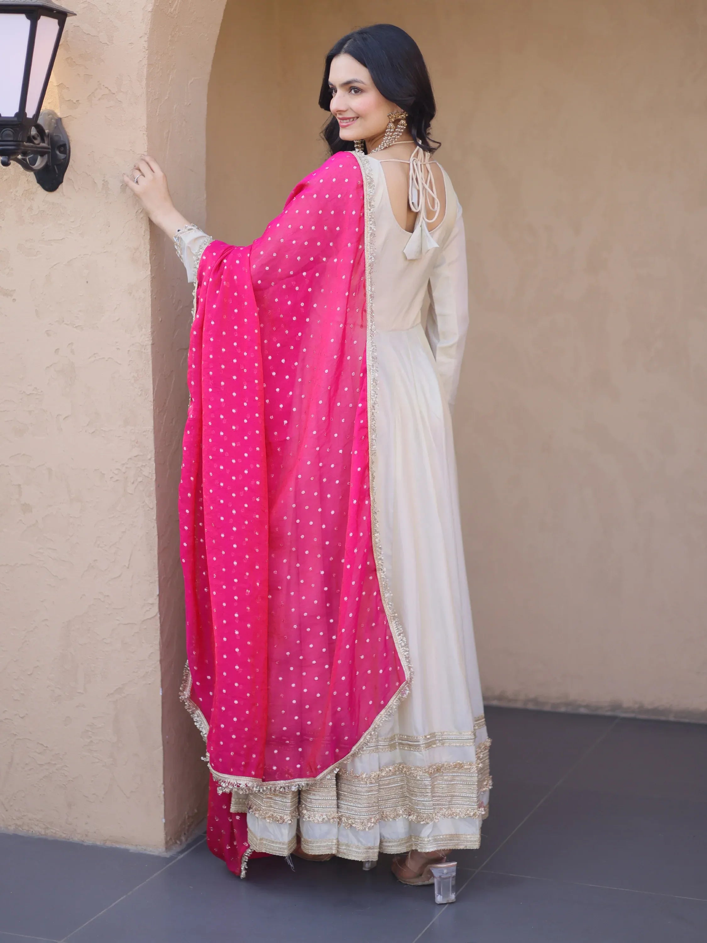 Impressive Pink Lace Work Silk Wedding Wear Gown With Dupatta