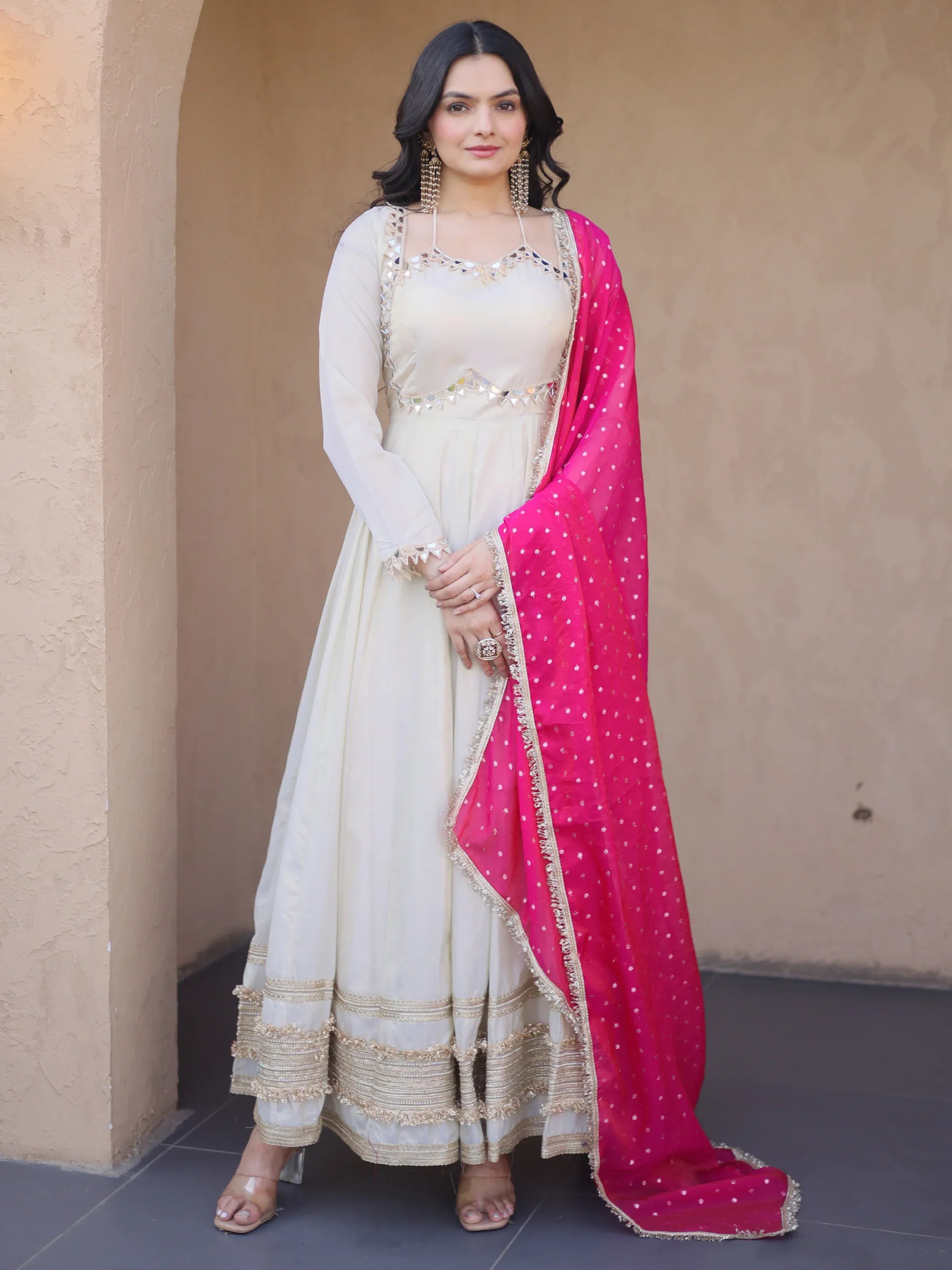 Impressive Pink Lace Work Silk Wedding Wear Gown With Dupatta