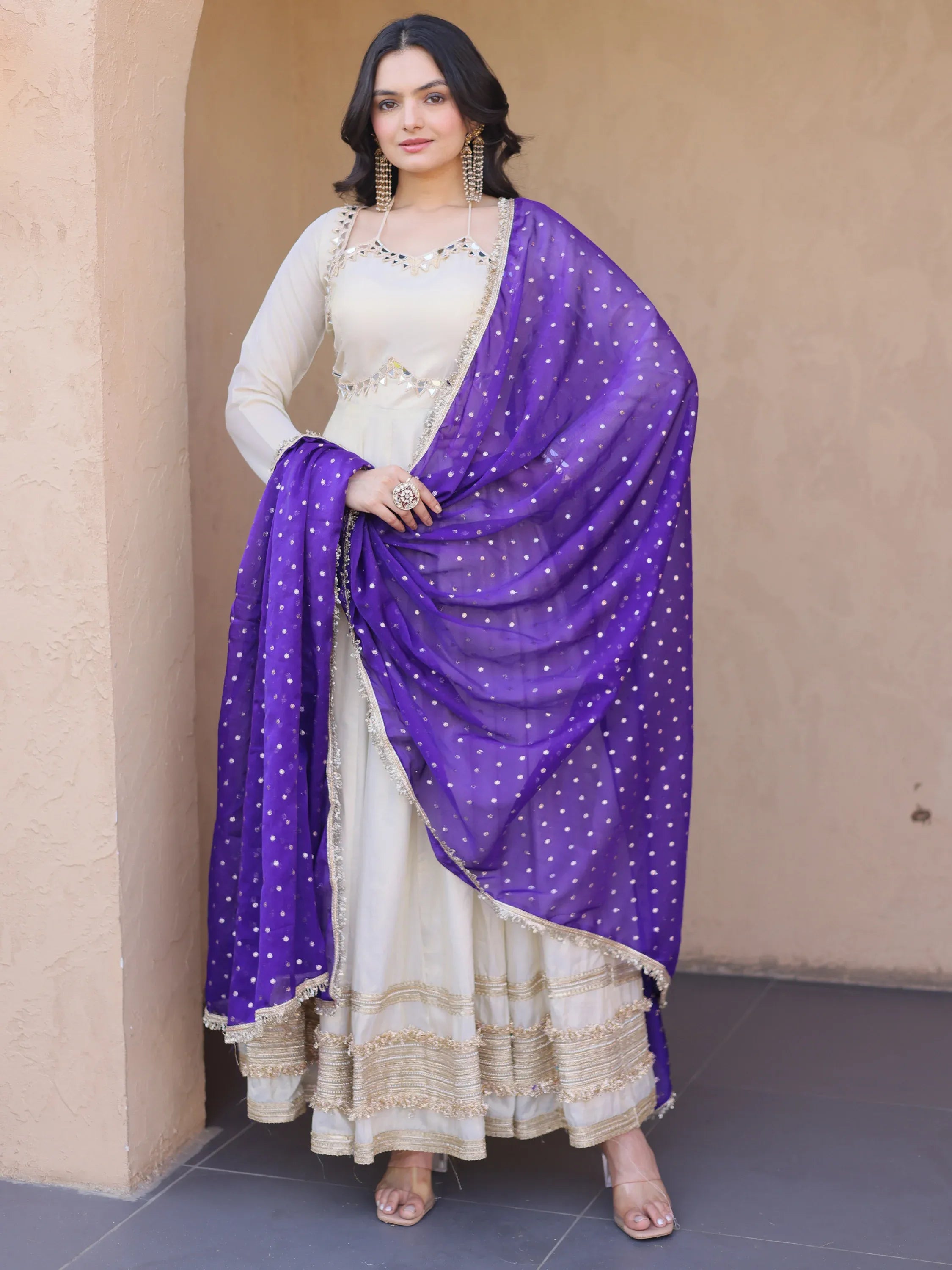 Stunning Purple Lace Work Silk Event Wear Gown With Dupatta