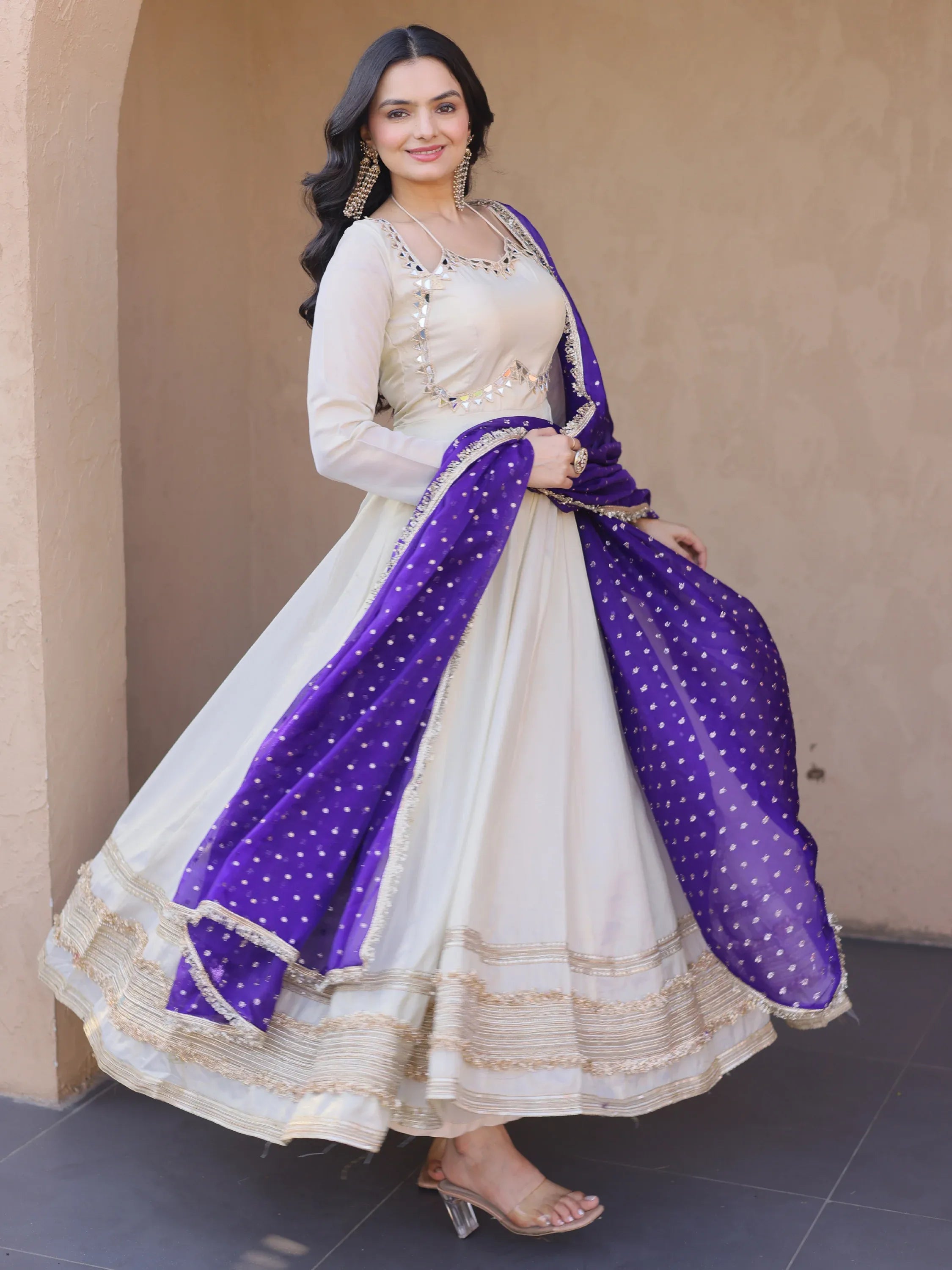 Stunning Purple Lace Work Silk Event Wear Gown With Dupatta