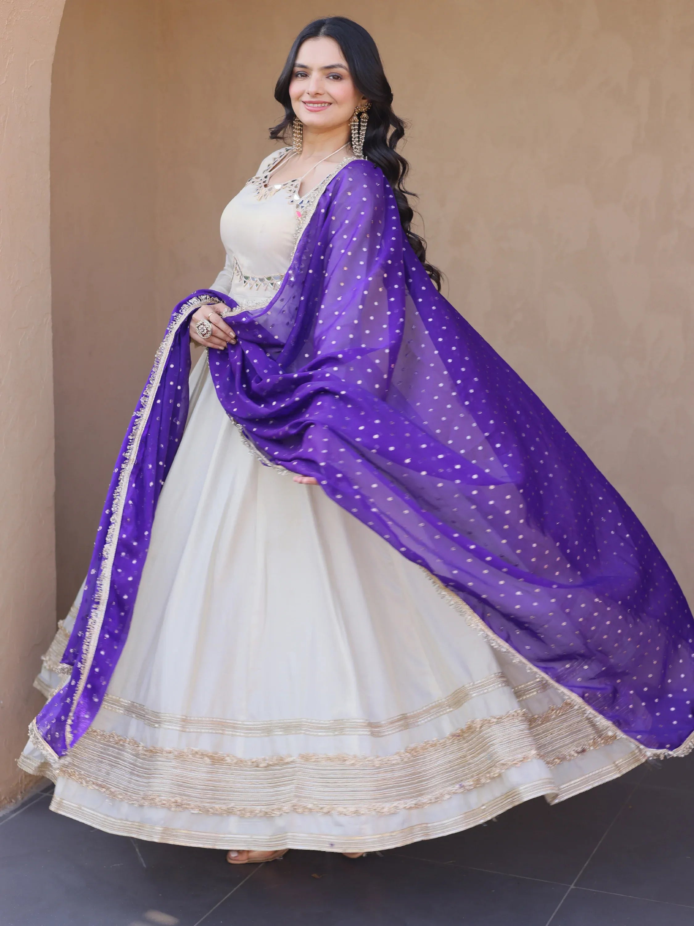 Stunning Purple Lace Work Silk Event Wear Gown With Dupatta