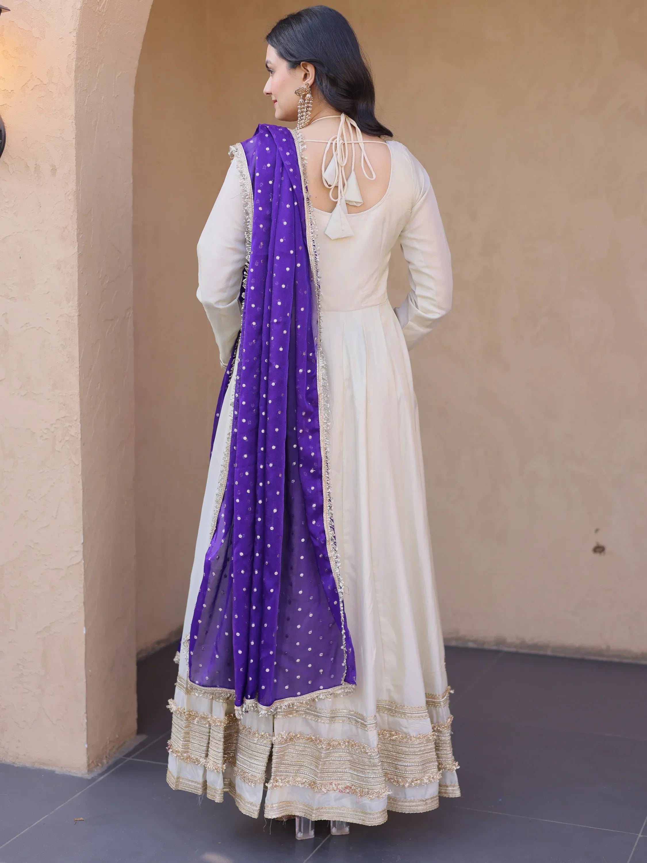 Stunning Purple Lace Work Silk Event Wear Gown With Dupatta