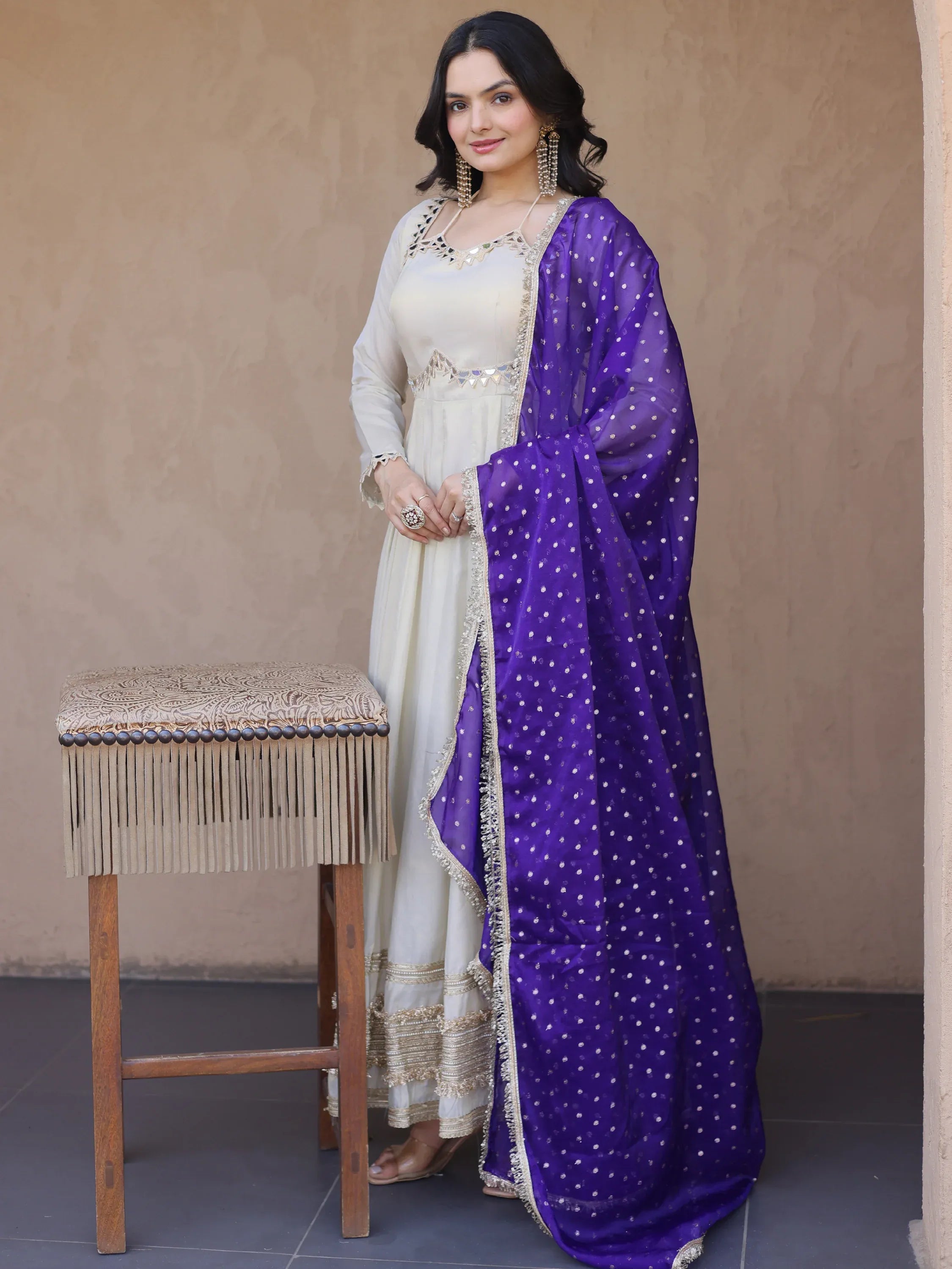 Stunning Purple Lace Work Silk Event Wear Gown With Dupatta