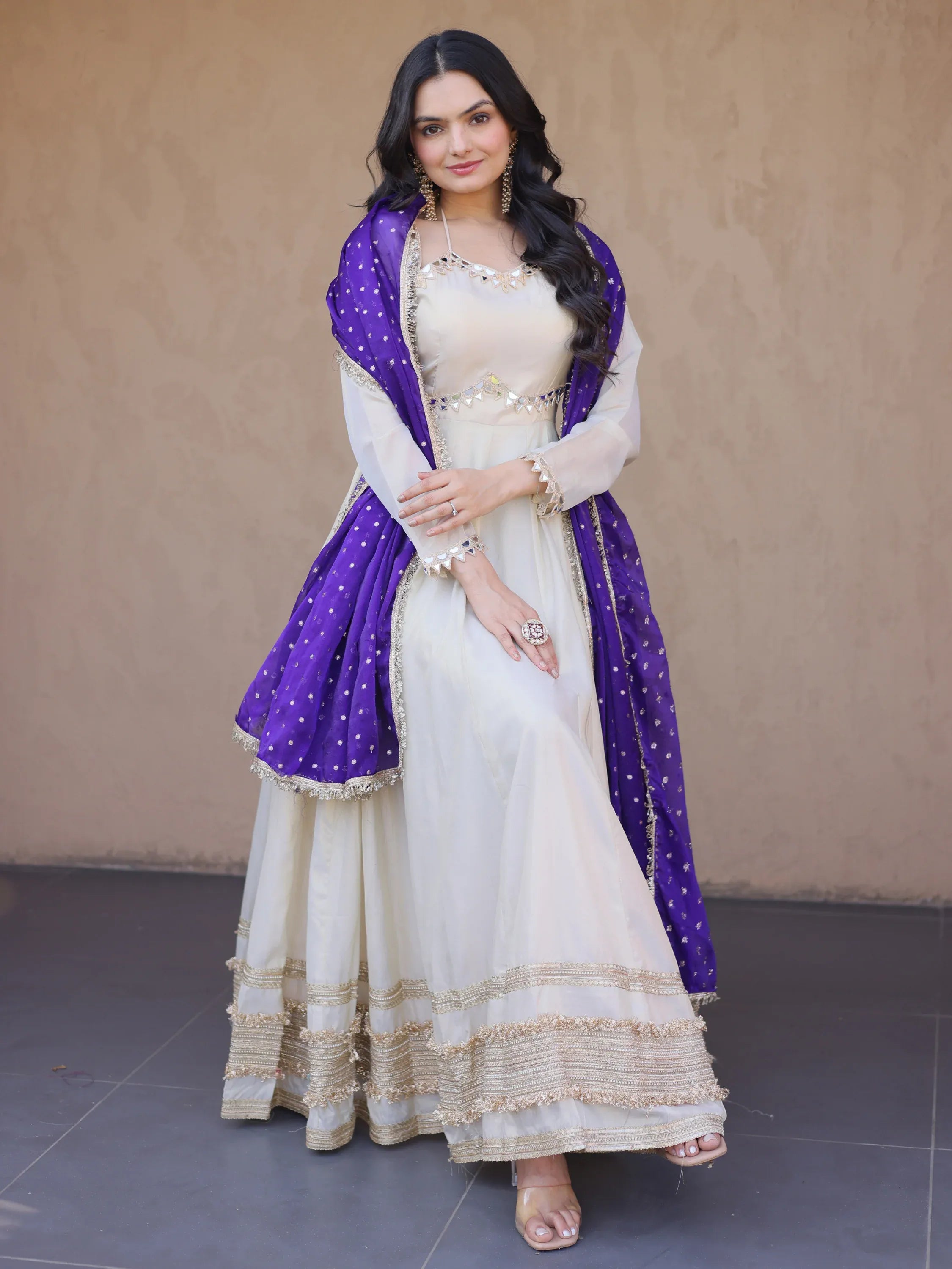 Stunning Purple Lace Work Silk Event Wear Gown With Dupatta