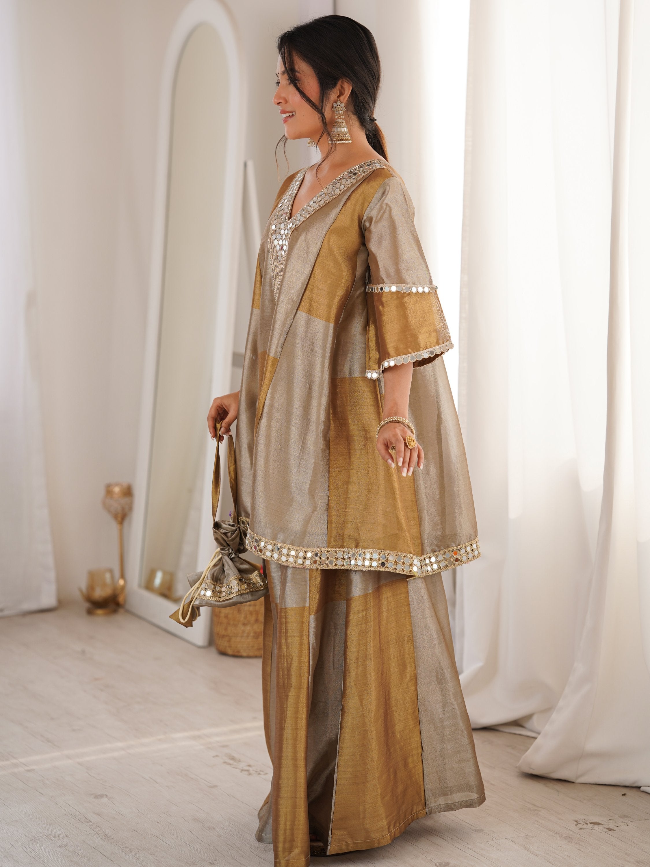 Stylish Golden Mirror Work Tissue Wedding Wear Palazzo Suit
