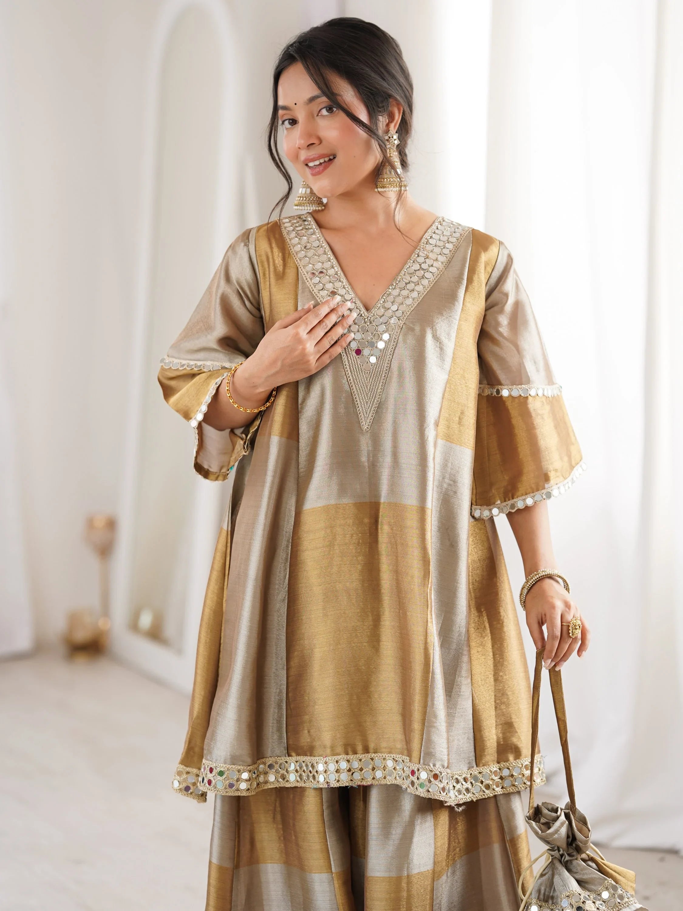 Stylish Golden Mirror Work Tissue Wedding Wear Palazzo Suit