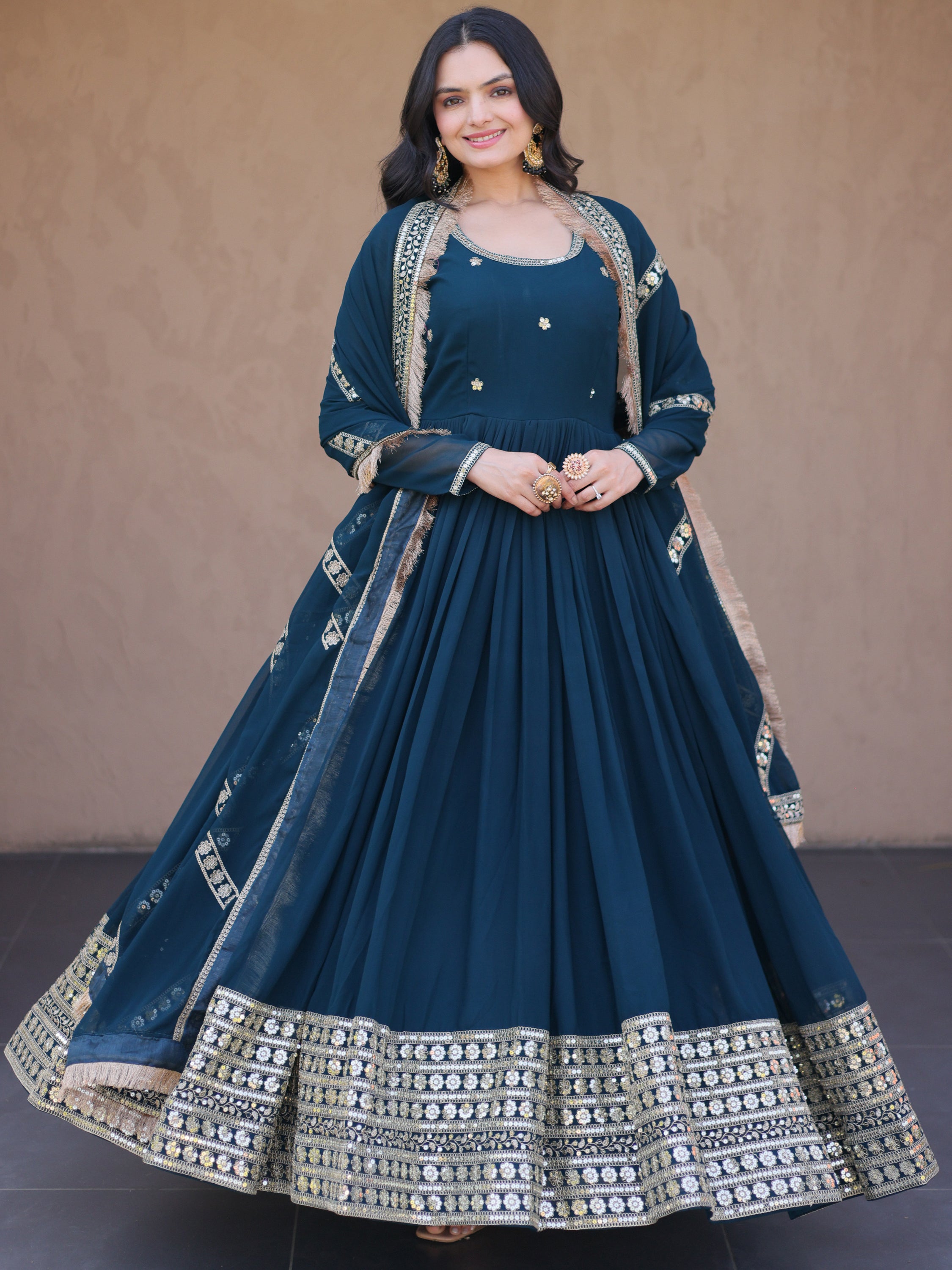 Classic Teal Blue Zari Work Georgette Marriage Wear Gown With Dupatta