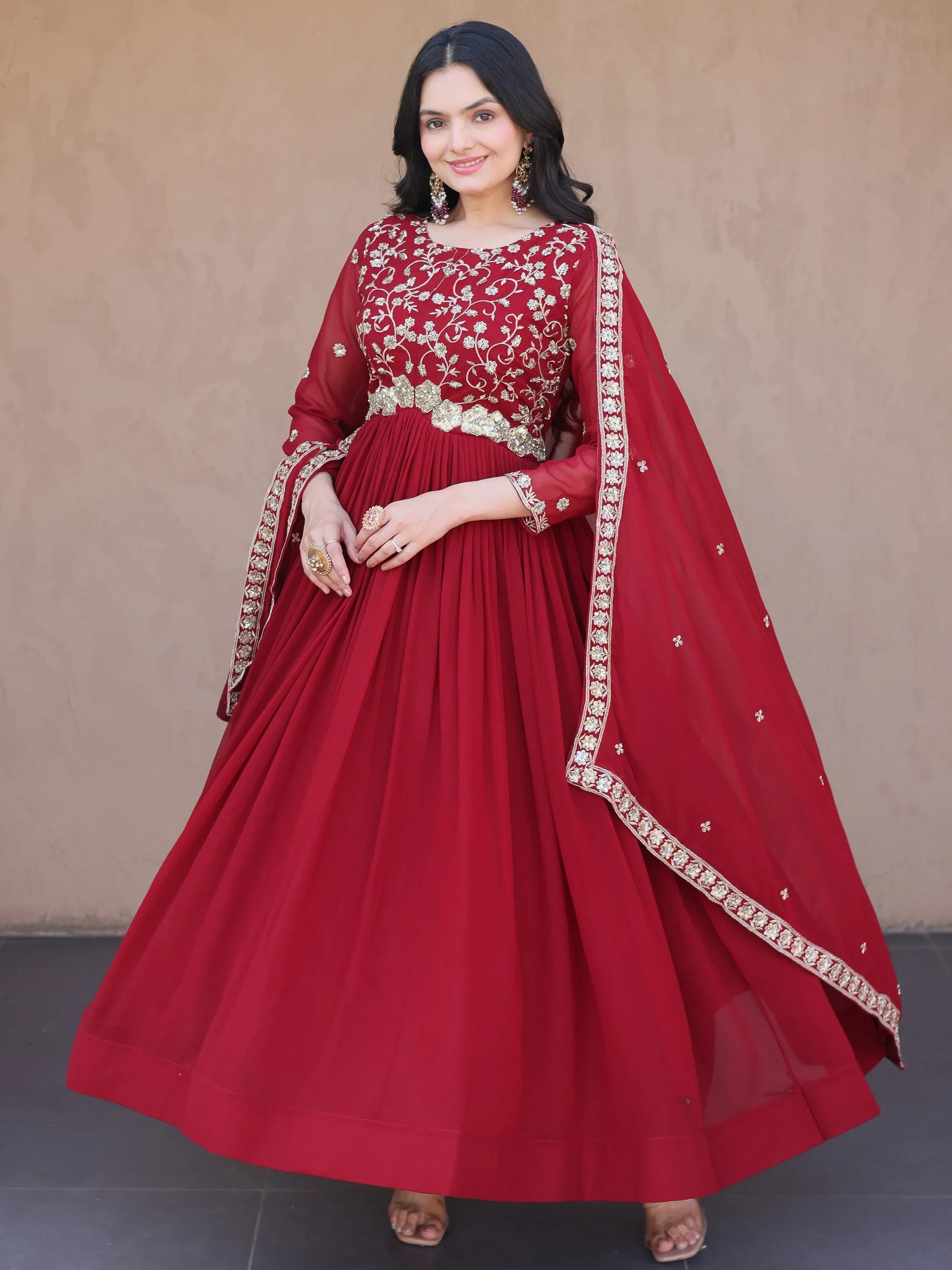Wonderful Maroon Bead Work Georgette Wedding Wear Gown With Dupatta