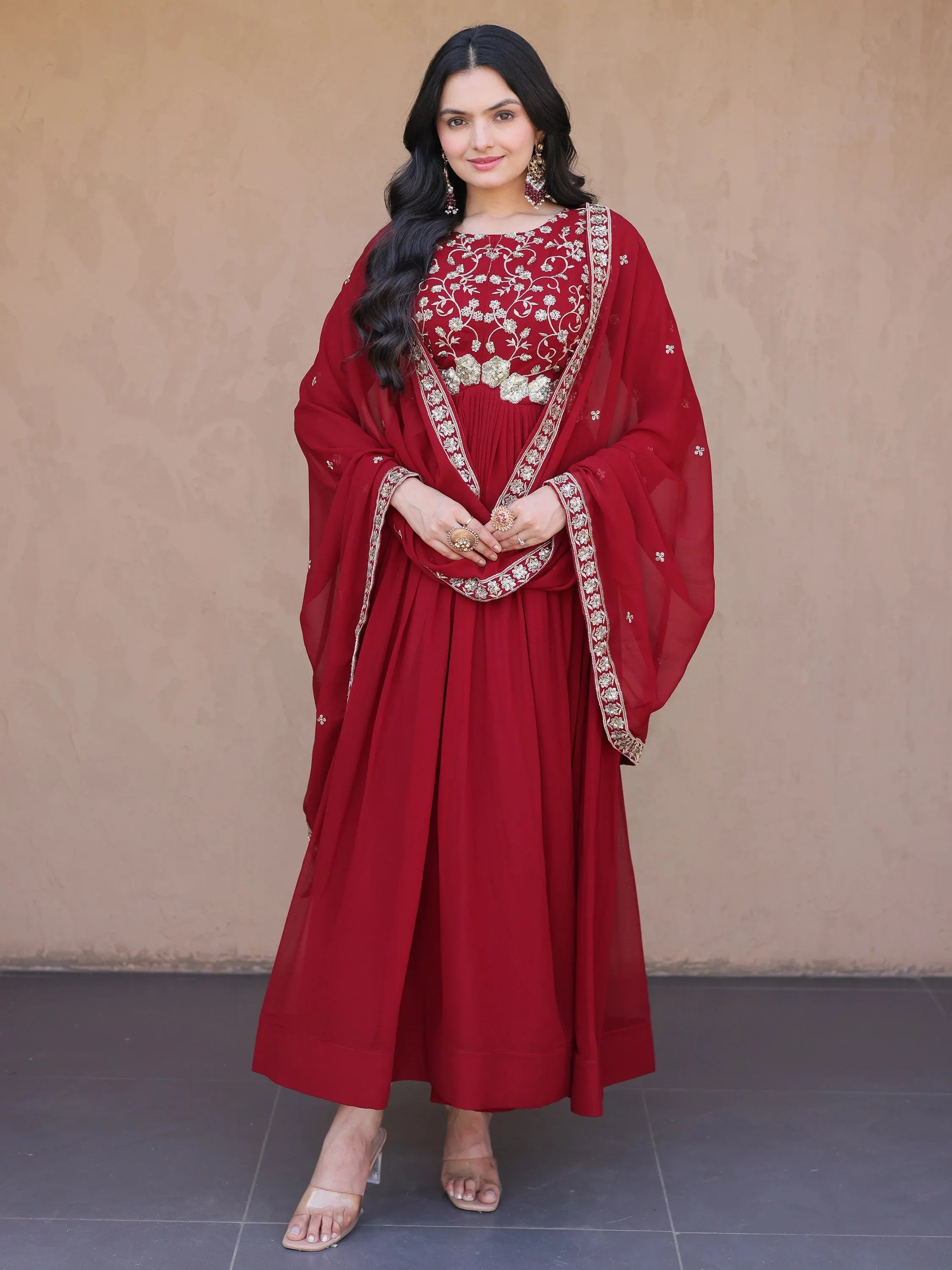 Wonderful Maroon Bead Work Georgette Wedding Wear Gown With Dupatta