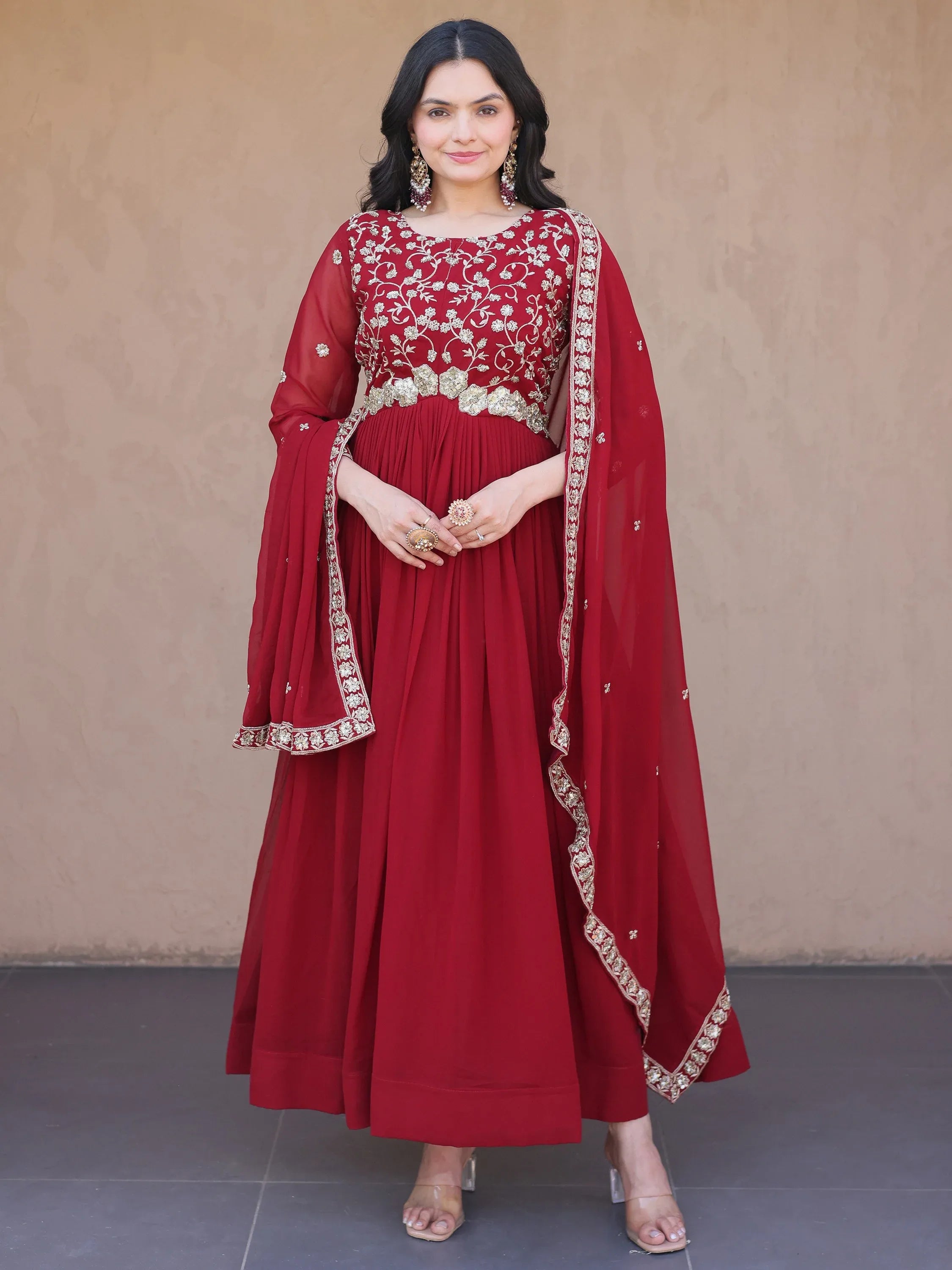 Wonderful Maroon Bead Work Georgette Wedding Wear Gown With Dupatta