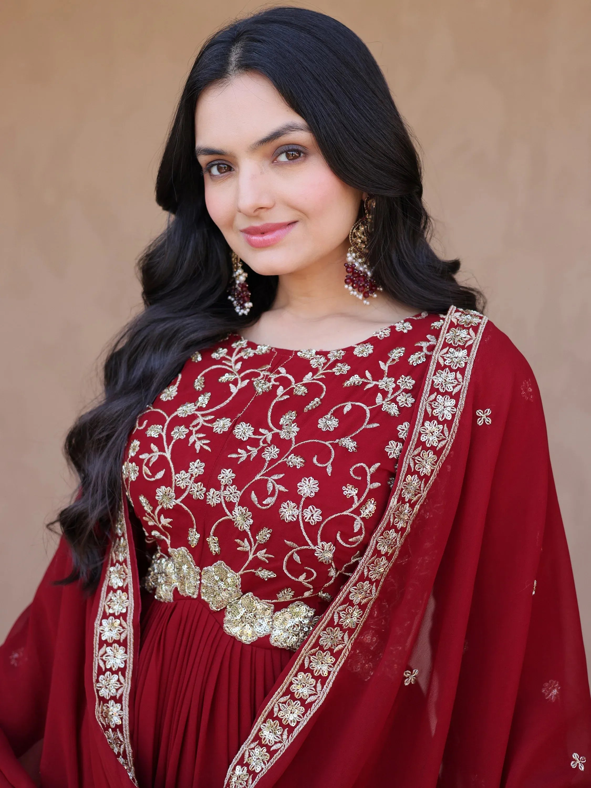 Wonderful Maroon Bead Work Georgette Wedding Wear Gown With Dupatta