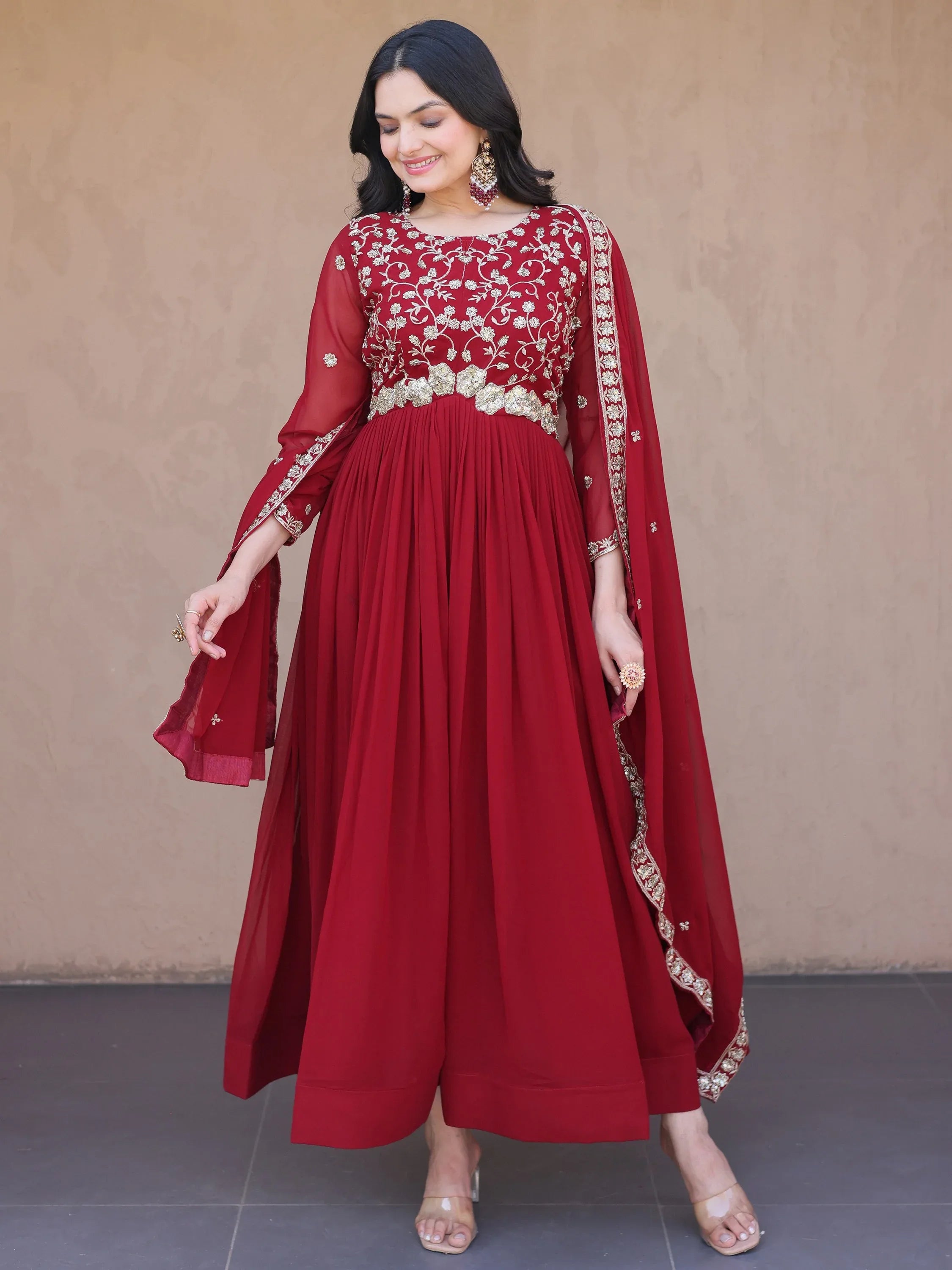 Wonderful Maroon Bead Work Georgette Wedding Wear Gown With Dupatta