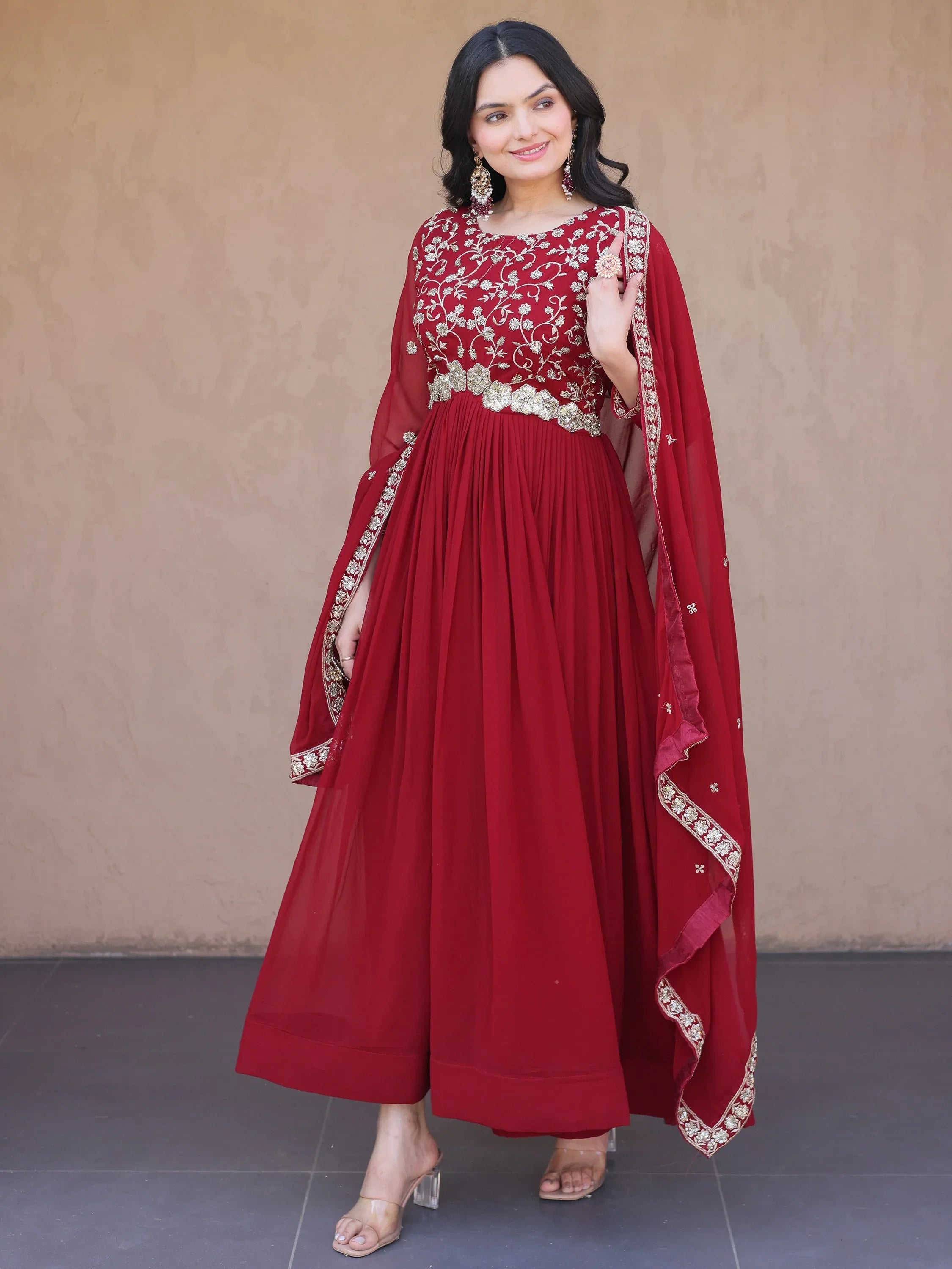 Wonderful Maroon Bead Work Georgette Wedding Wear Gown With Dupatta