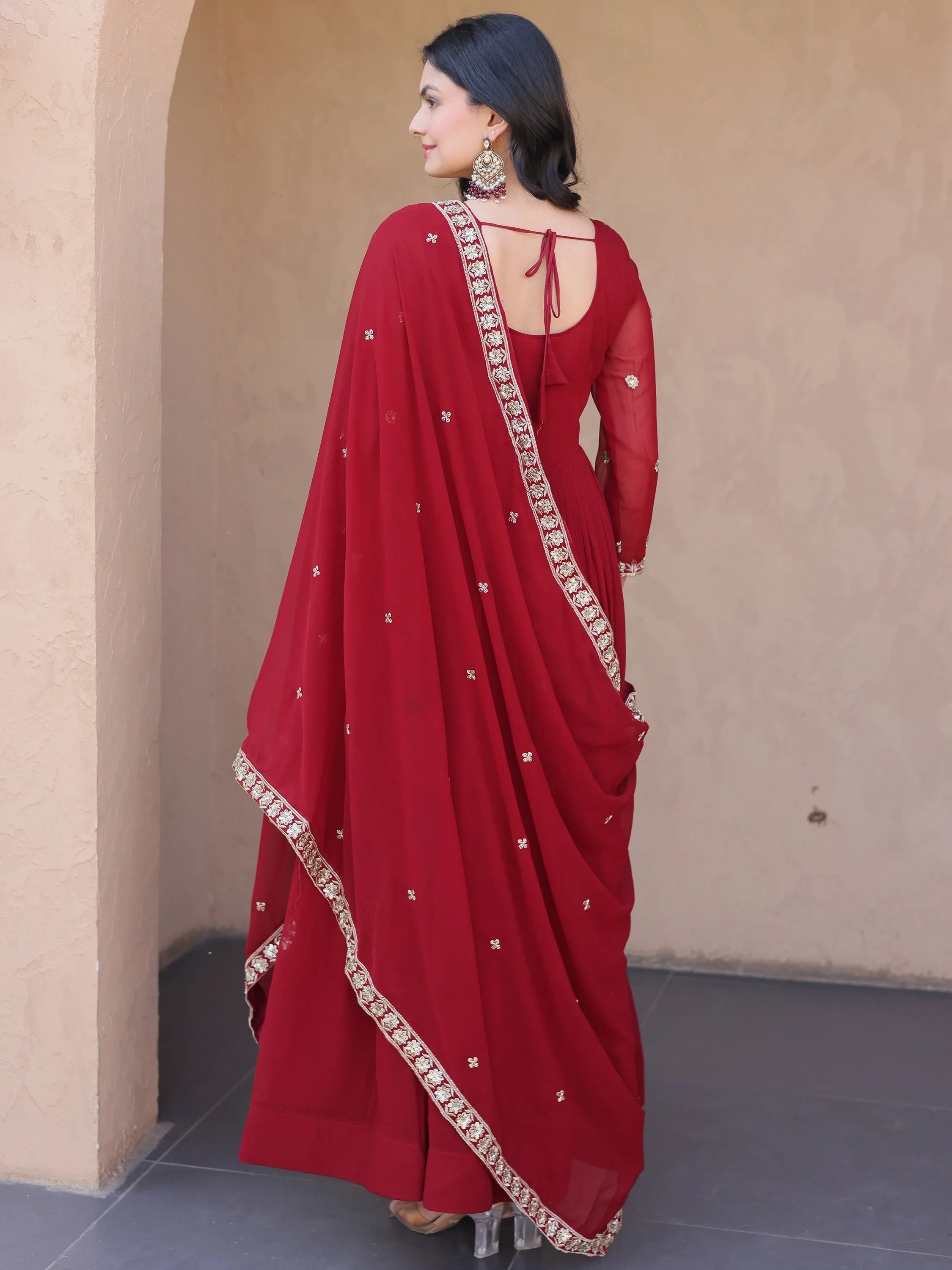 Wonderful Maroon Bead Work Georgette Wedding Wear Gown With Dupatta
