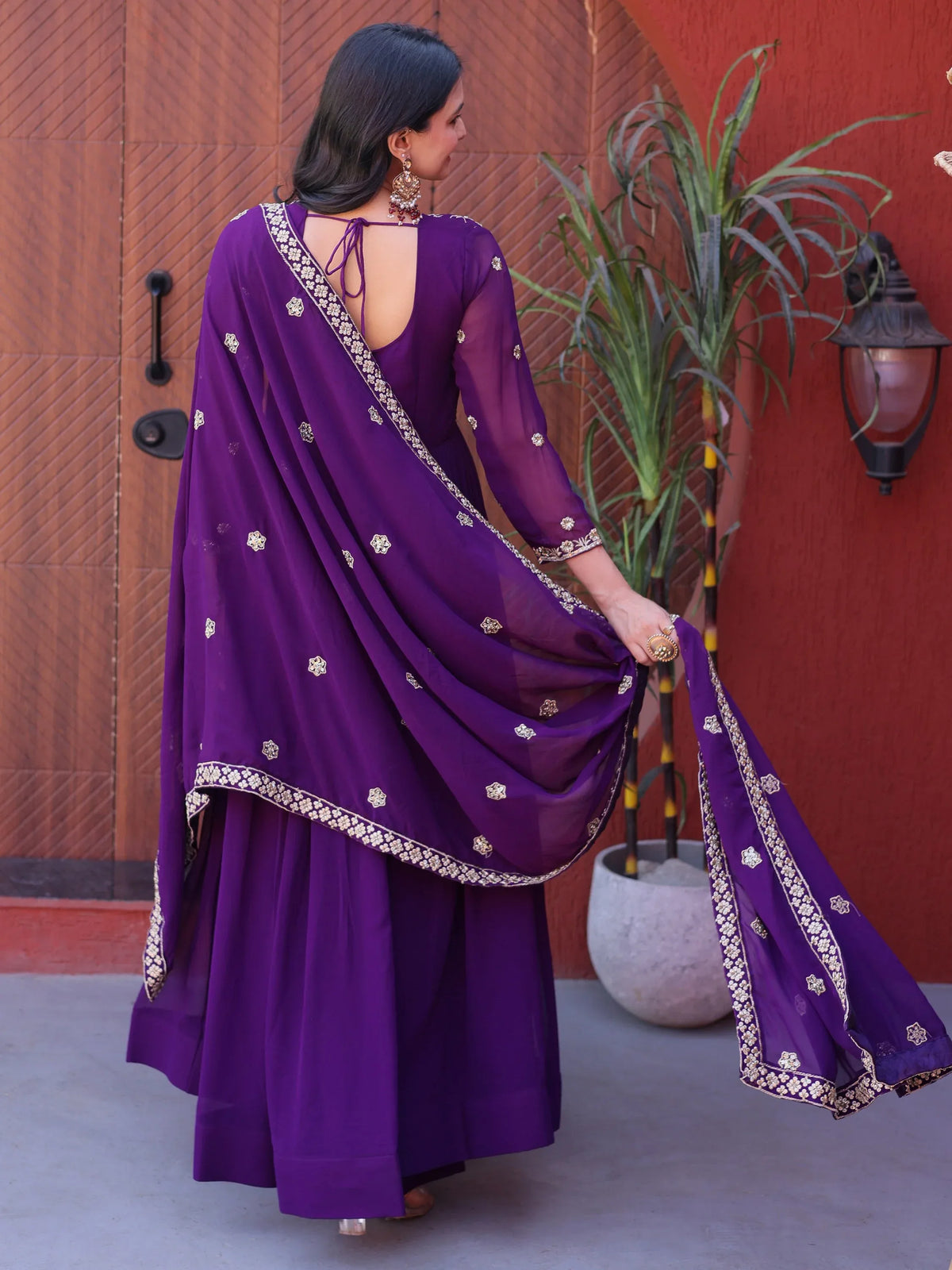 Outstanding Purple Sequins Georgette Festive Wear Gown With Dupatta