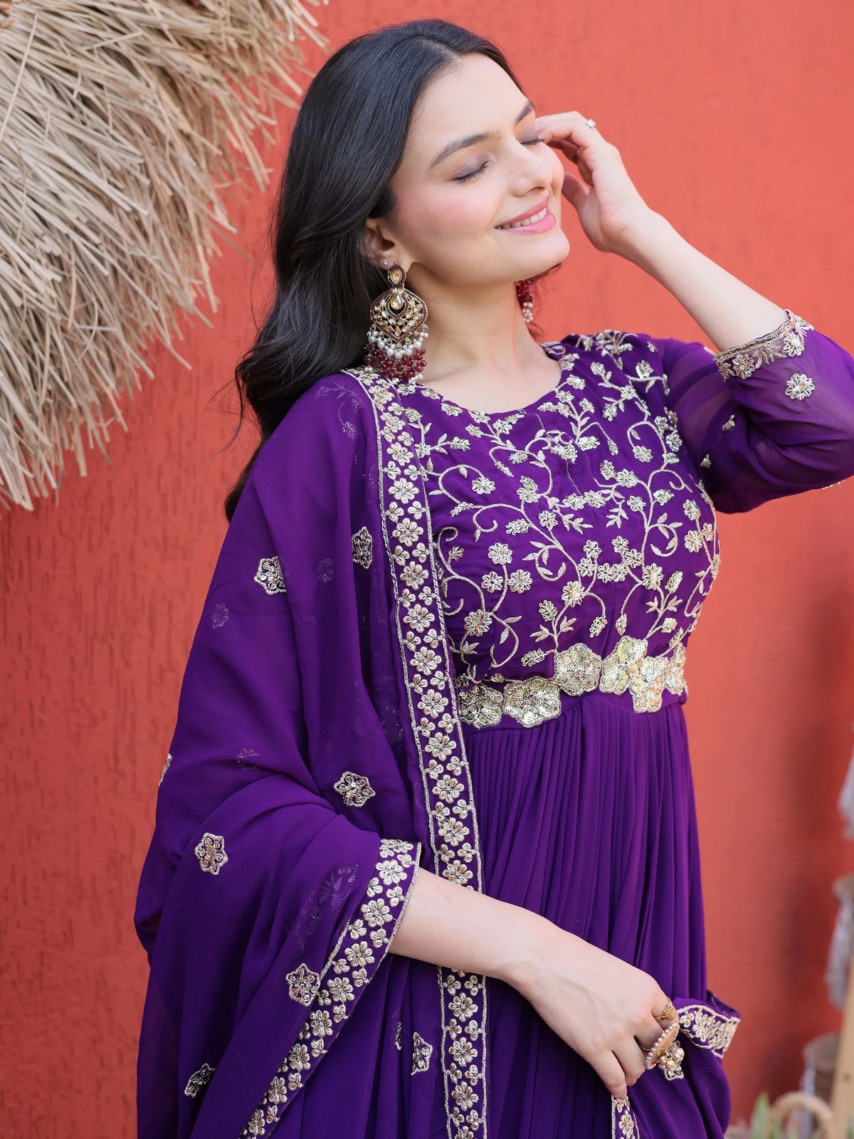 Outstanding Purple Sequins Georgette Festive Wear Gown With Dupatta
