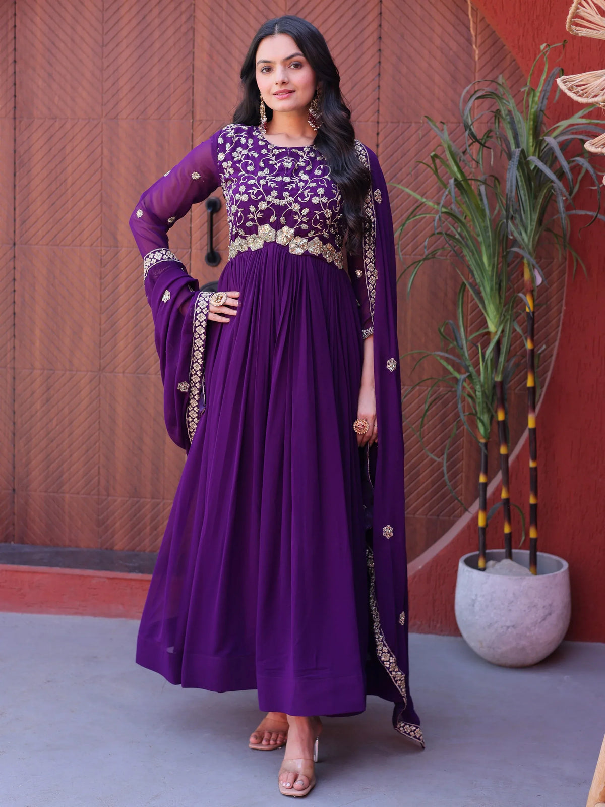 Outstanding Purple Sequins Georgette Festive Wear Gown With Dupatta