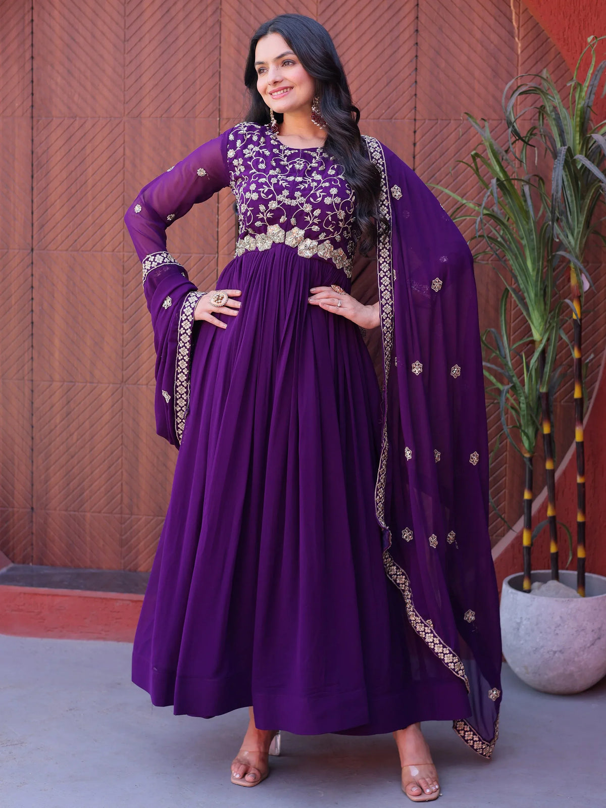 Outstanding Purple Sequins Georgette Festive Wear Gown With Dupatta