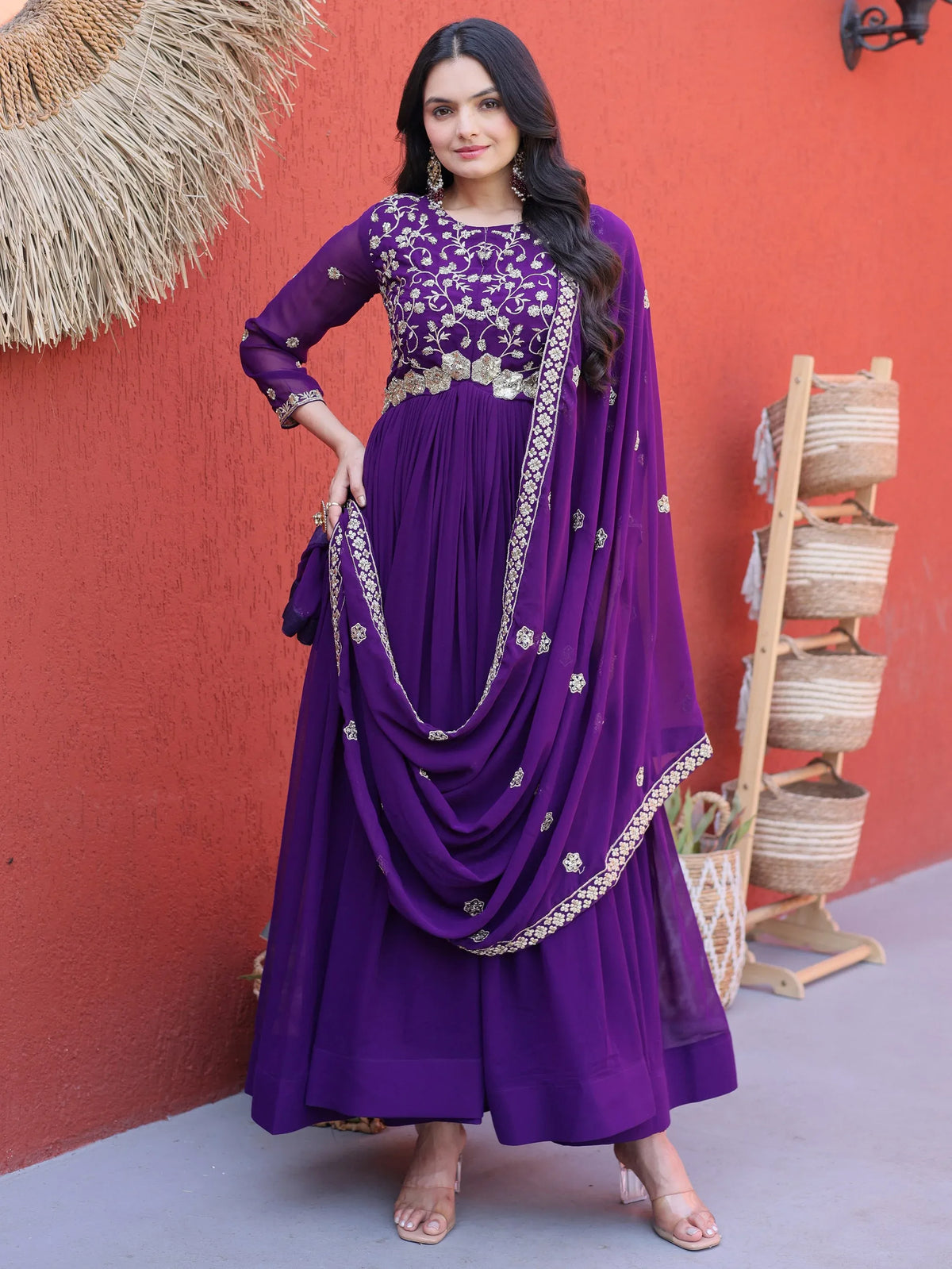 Outstanding Purple Sequins Georgette Festive Wear Gown With Dupatta