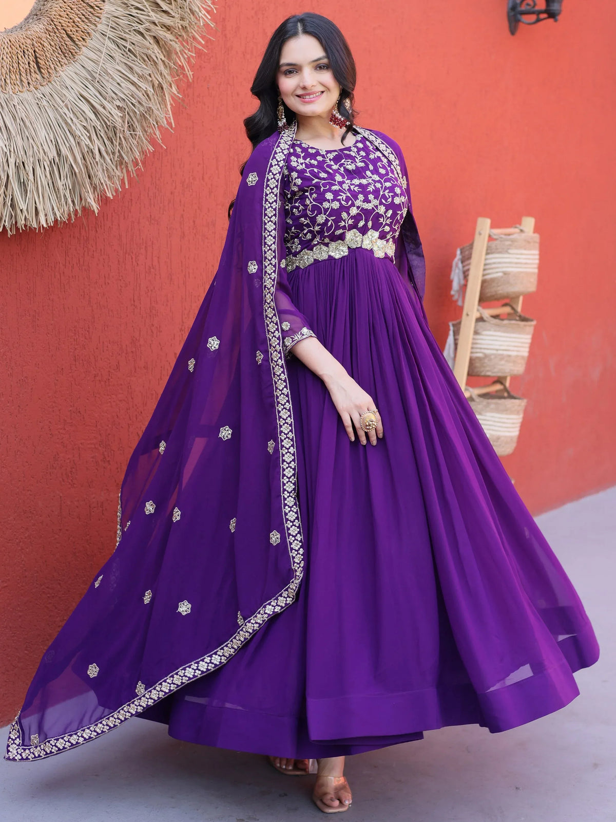 Outstanding Purple Sequins Georgette Festive Wear Gown With Dupatta