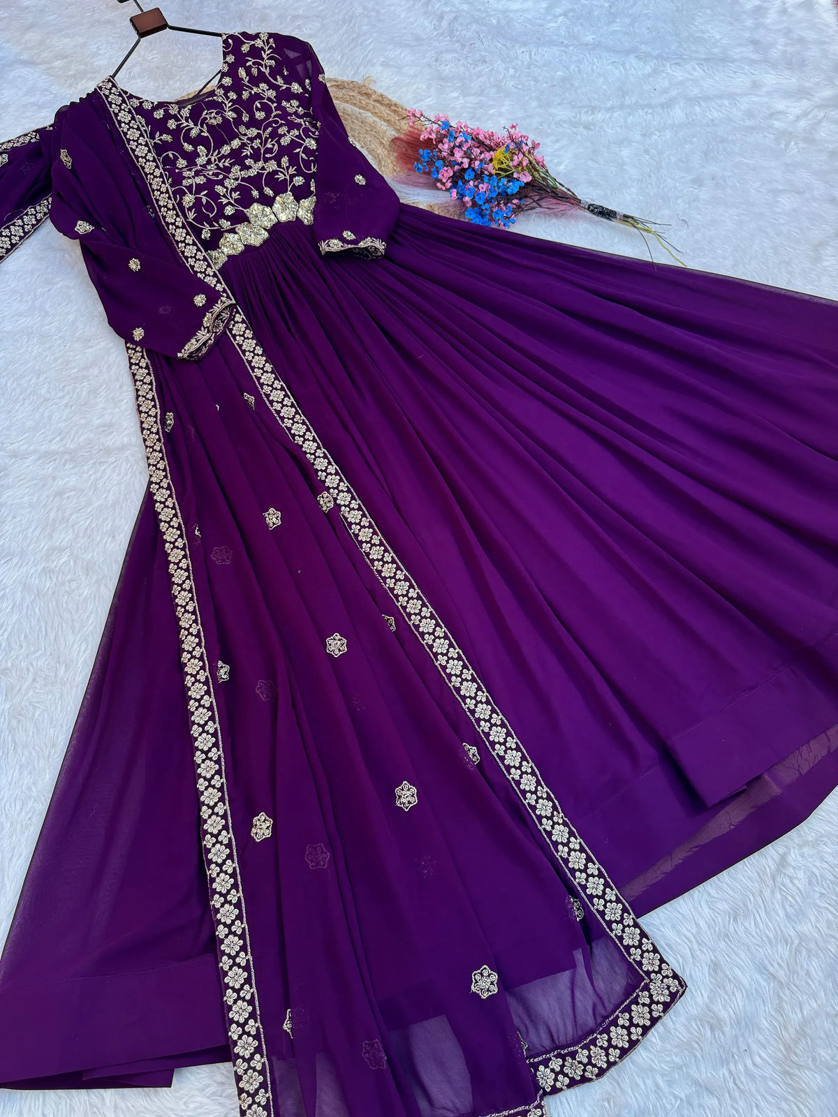 Outstanding Purple Sequins Georgette Festive Wear Gown With Dupatta