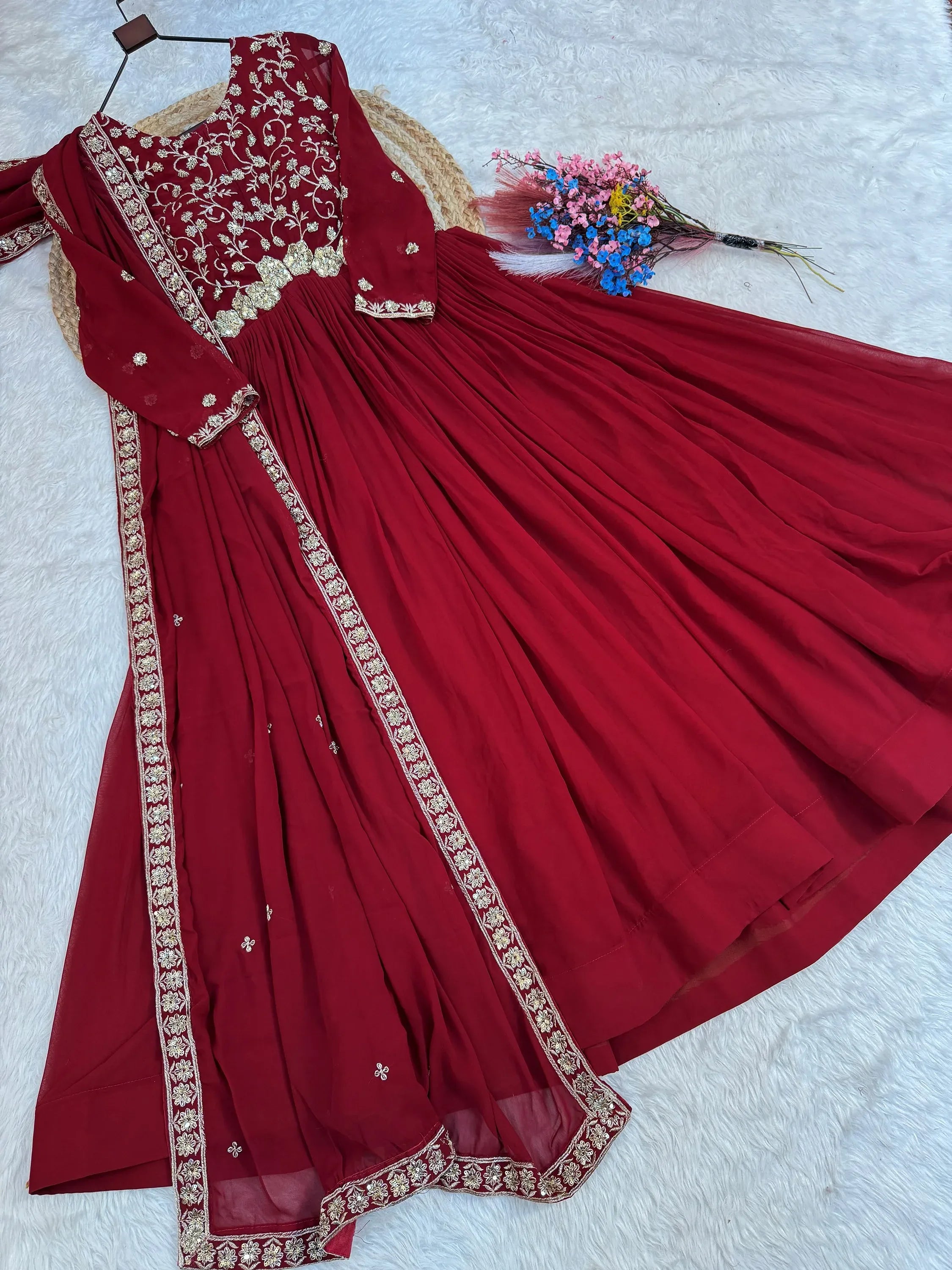 Wonderful Maroon Bead Work Georgette Wedding Wear Gown With Dupatta