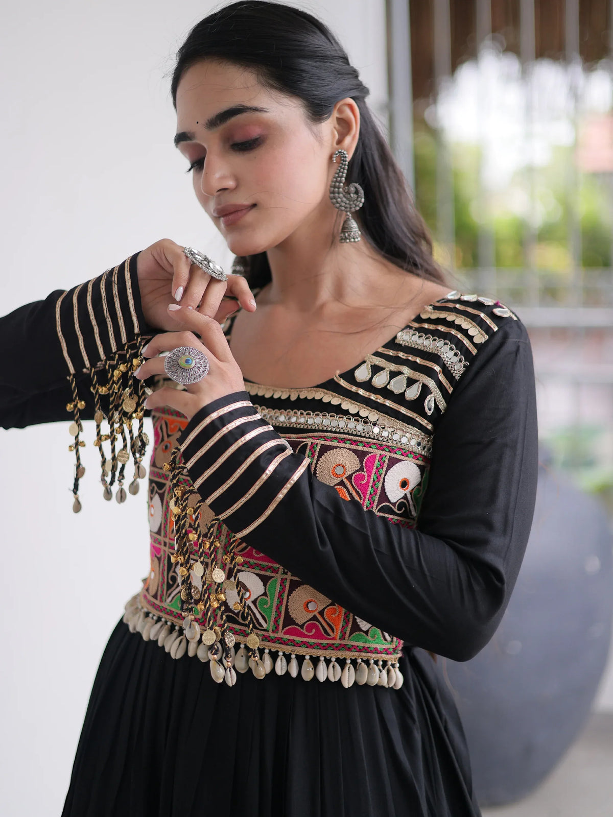 Dazzling Black Gamthi Work Rayon Navratri Wear Gown