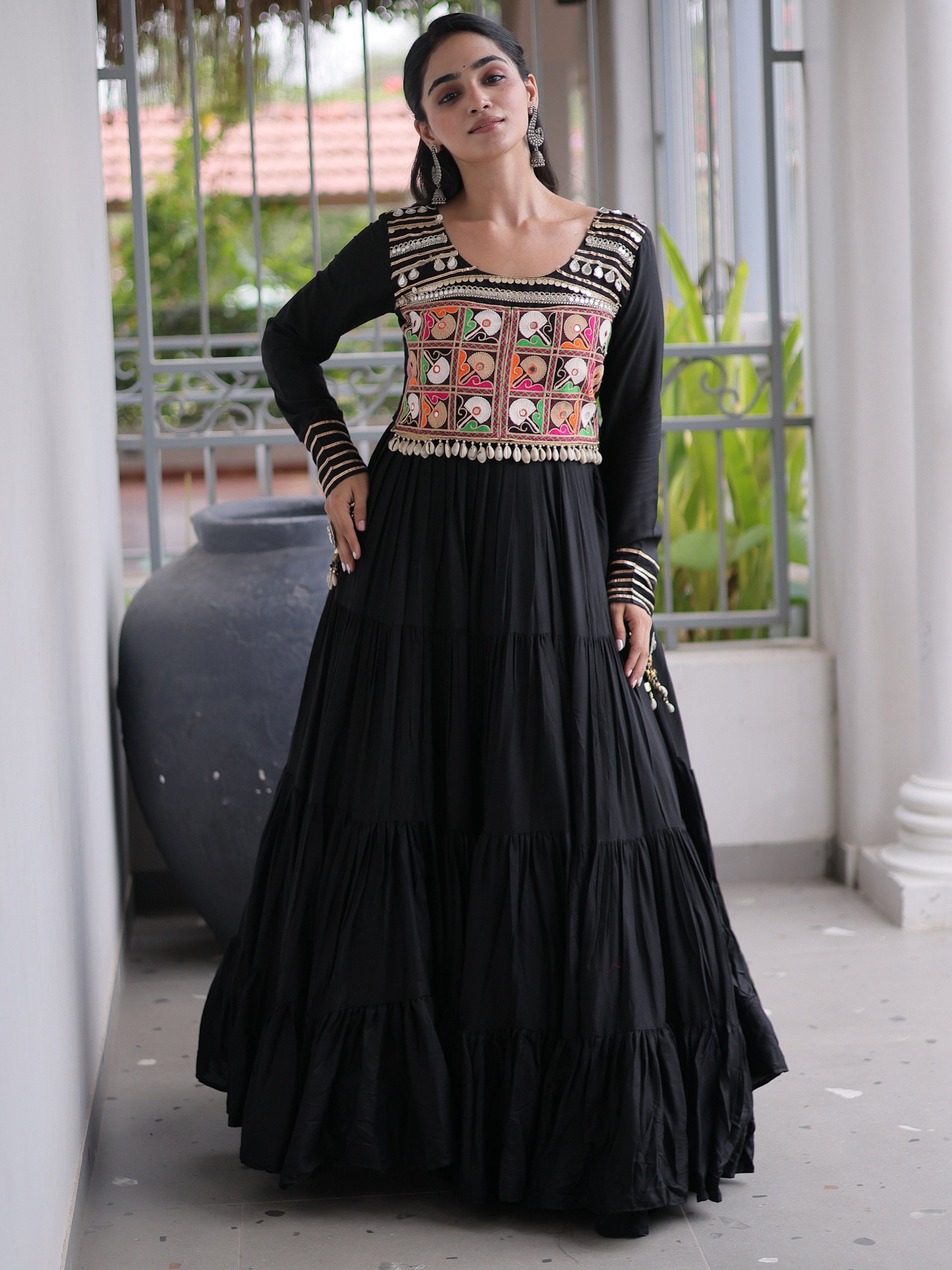 Dazzling Black Gamthi Work Rayon Navratri Wear Gown