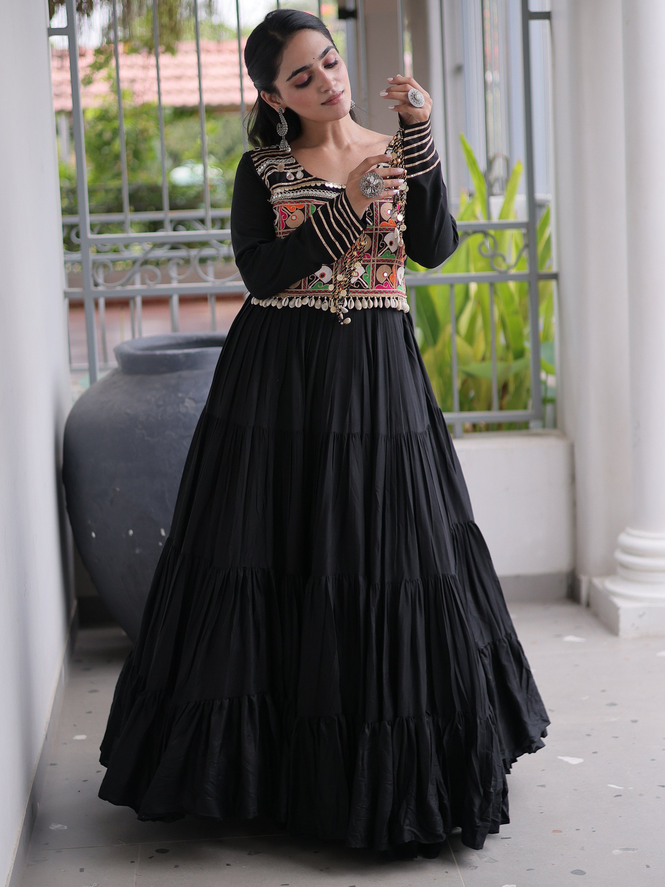 Dazzling Black Gamthi Work Rayon Navratri Wear Gown