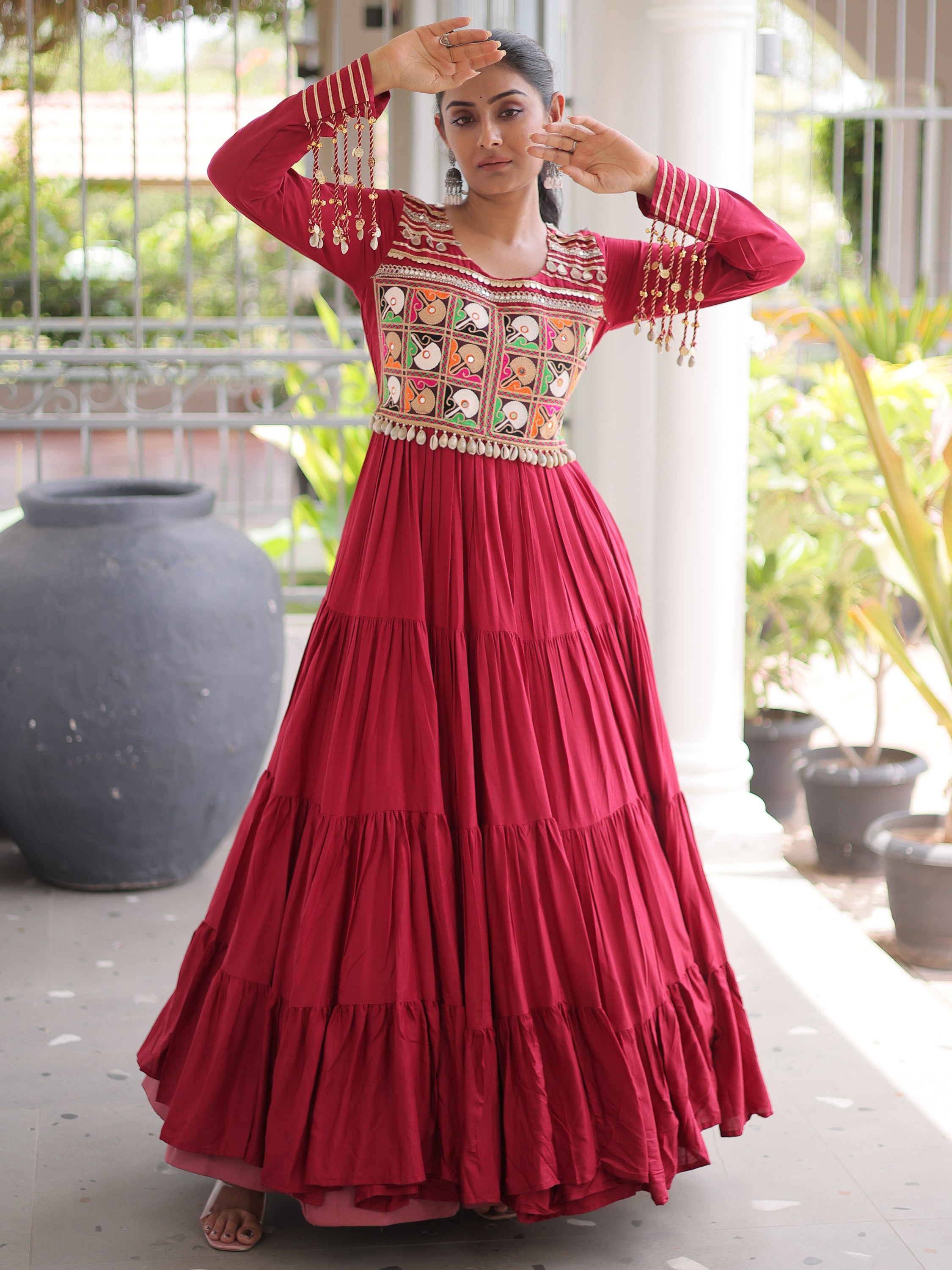 Timeless Maroon Kutchi Work Rayon Navratri Special Gown