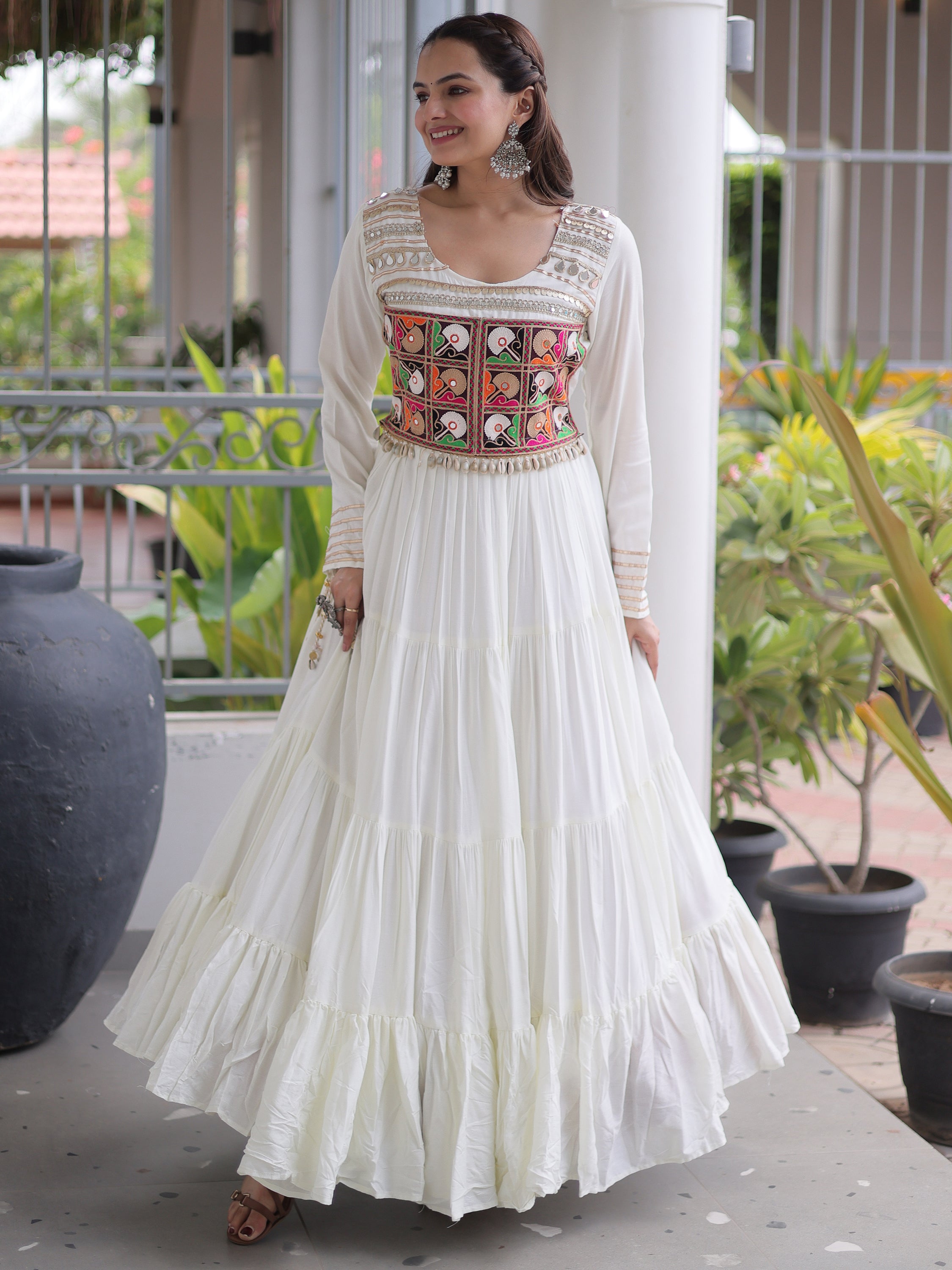 Beautiful White Gamthi Work Rayon Navratri Wear Gown