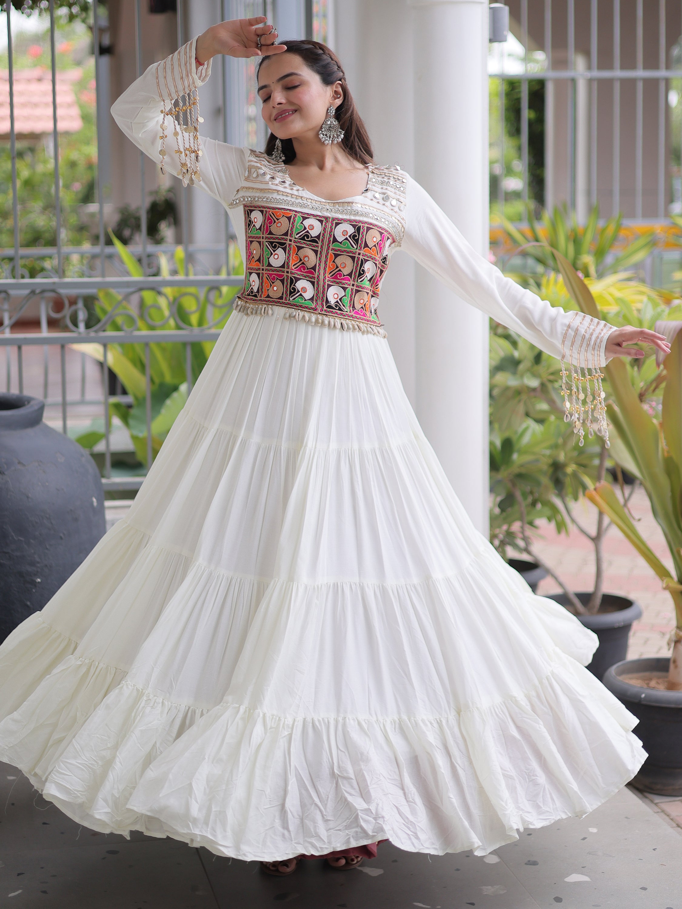 Beautiful White Gamthi Work Rayon Navratri Wear Gown
