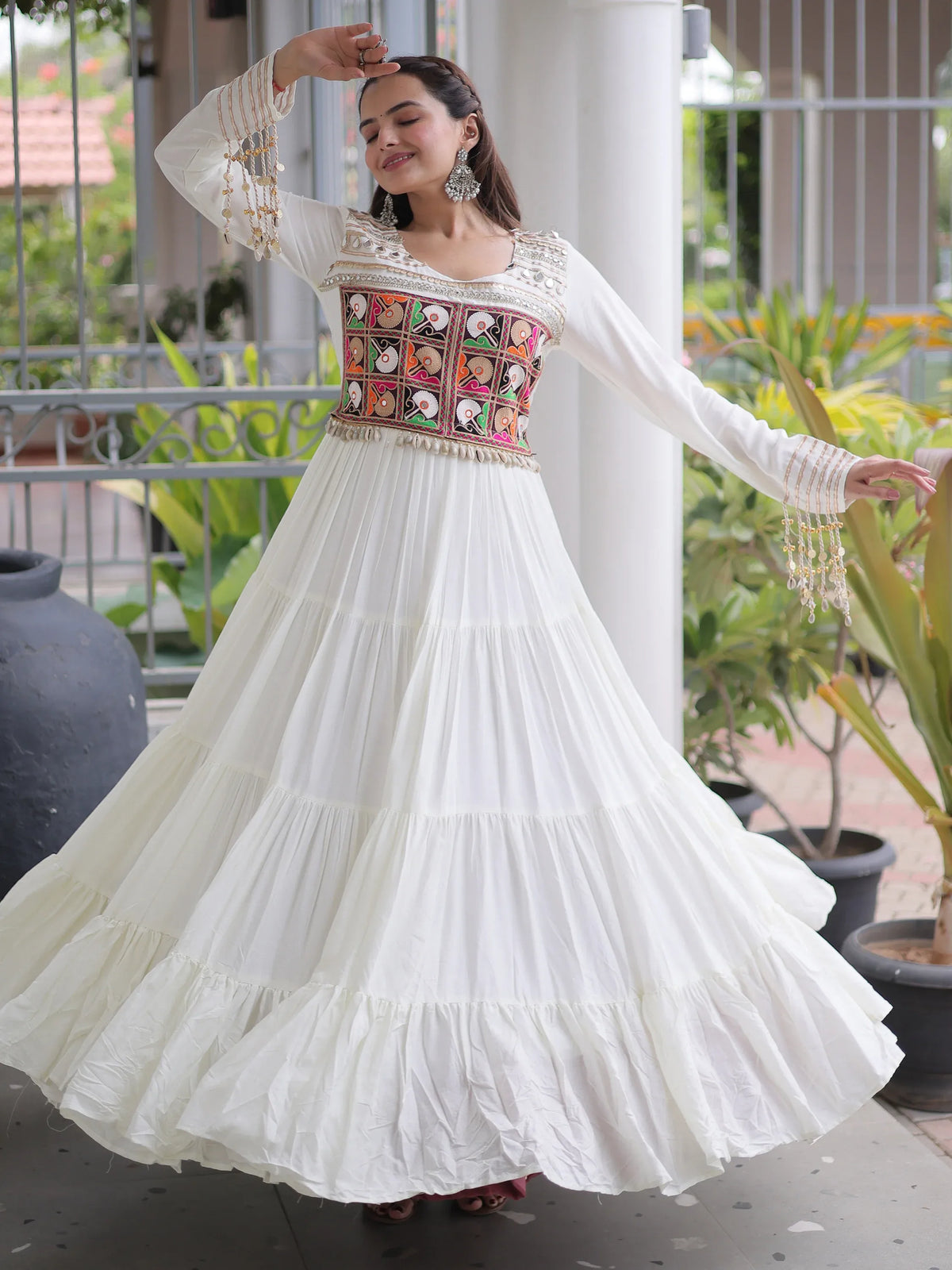 Beautiful White Gamthi Work Rayon Navratri Wear Gown