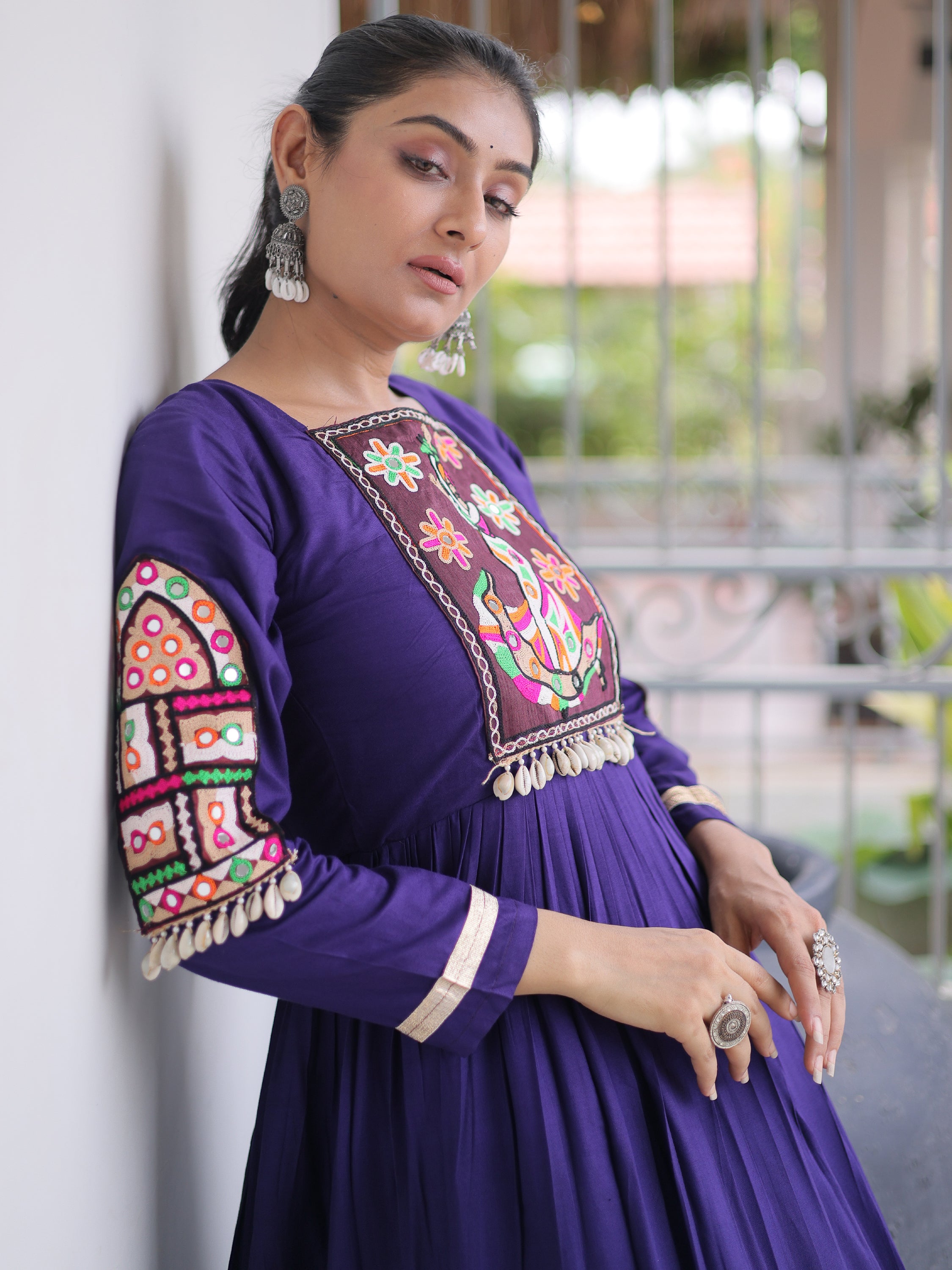 Marvelous Purple Thread Work Rayon Navratri Special Gown